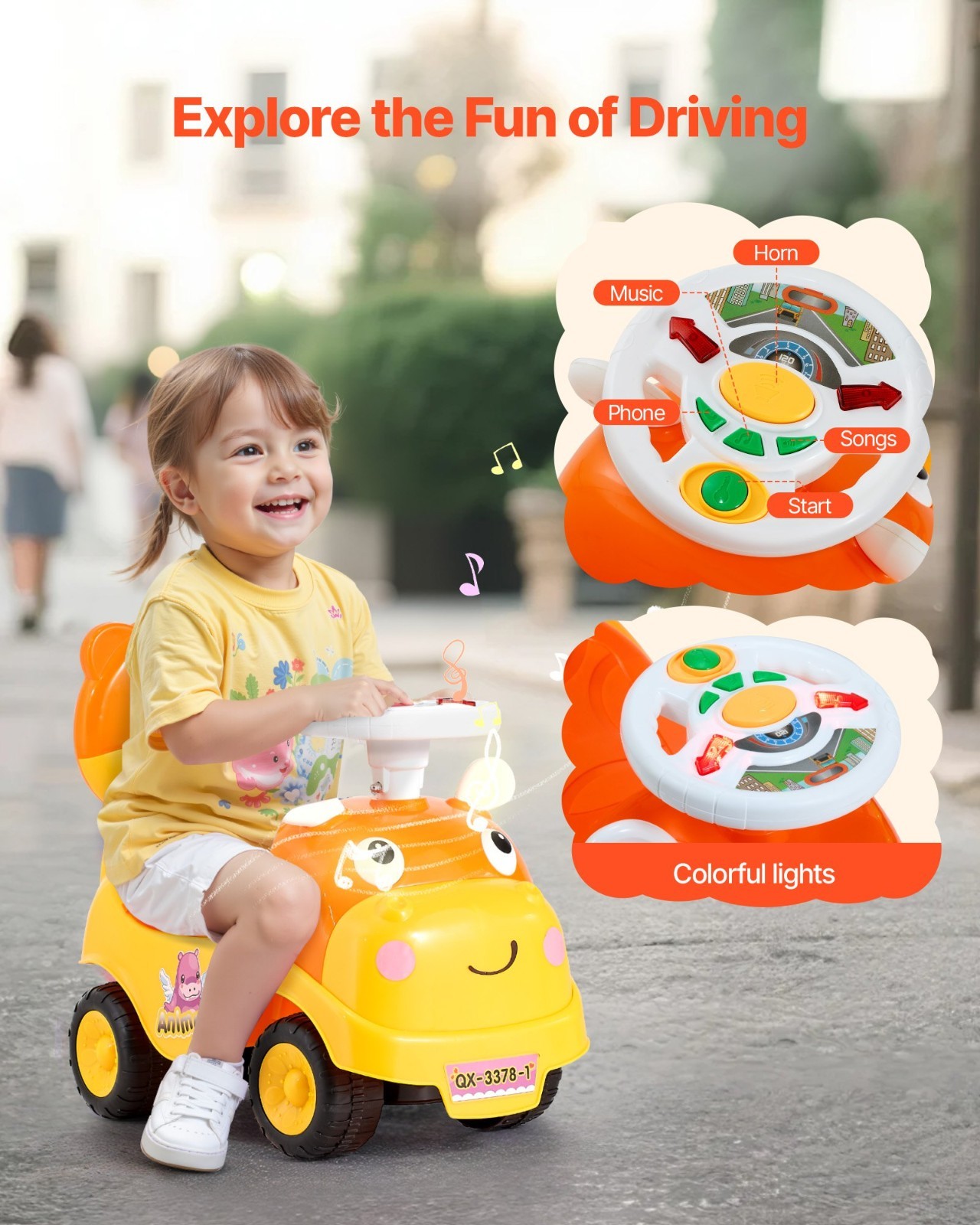 Ride On Toddler Push Car 19-36 Months Horn Music Under Seat Storage 48.5 lbs Foo