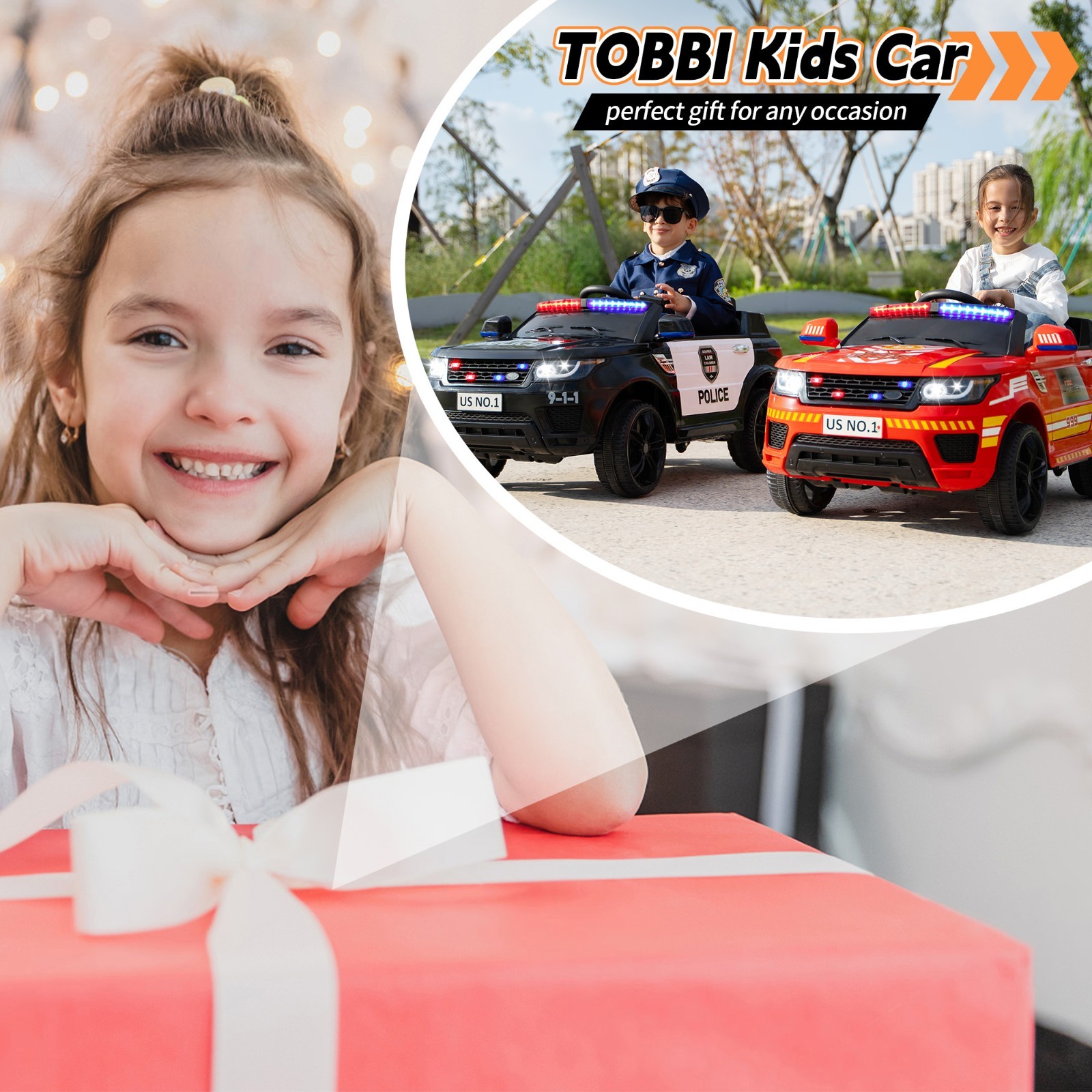 TOBBI 12V Electric Kids Ride on Police Car with Remote Control,Siren, Music