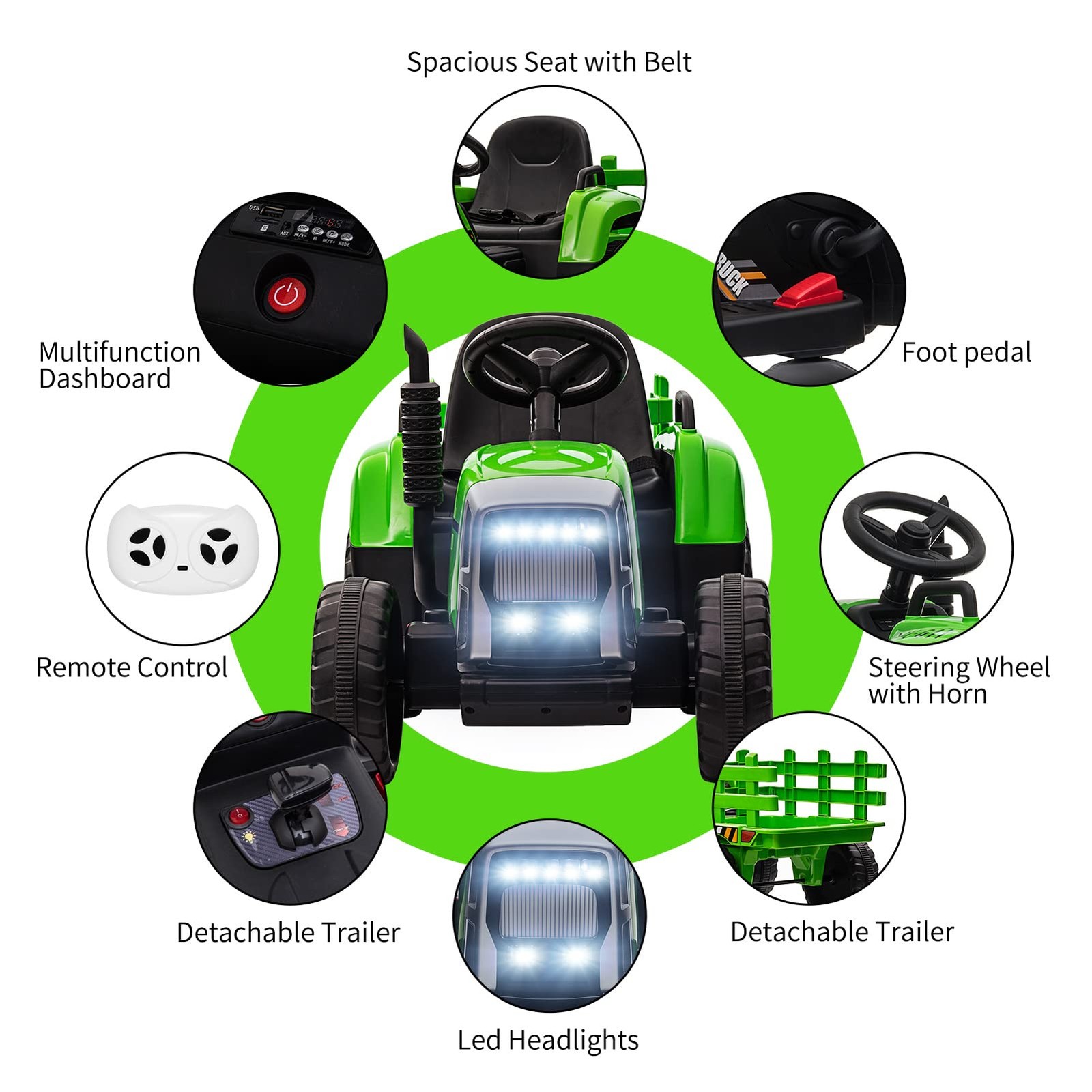 12V Battery Powered Electric Tractor with Trailer, Toddler Ride On Car w/Remote
