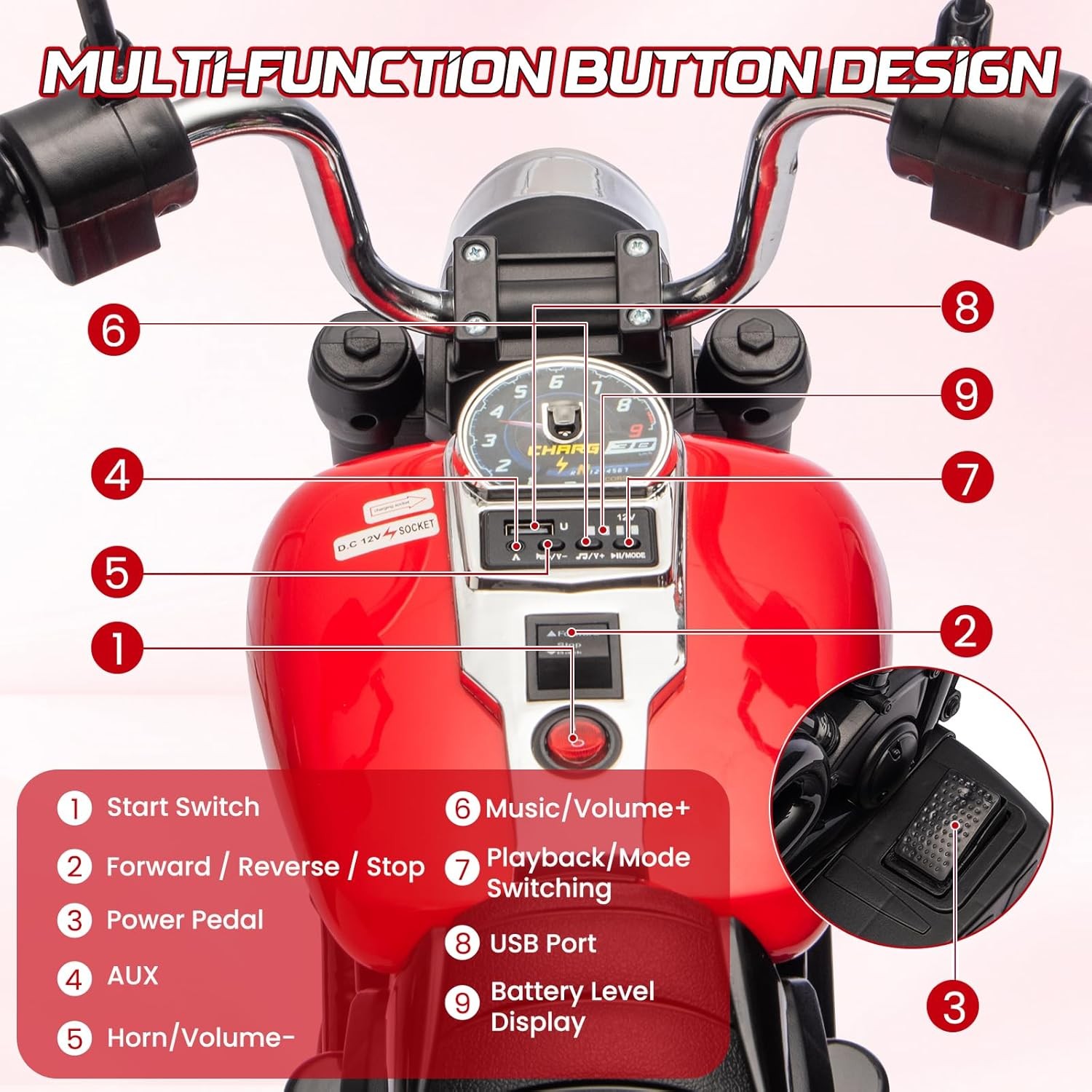 12V Electric Motorcycle for Kids,3-Wheel Ride On Toy w/Detachable Training Wheel