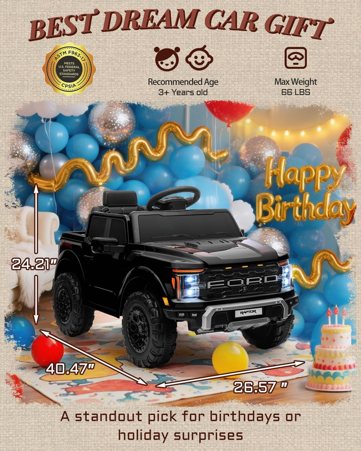 12V Licensed Ford F-150 Raptor Kids Ride on Toy, Ride on Truck with Parent Remot
