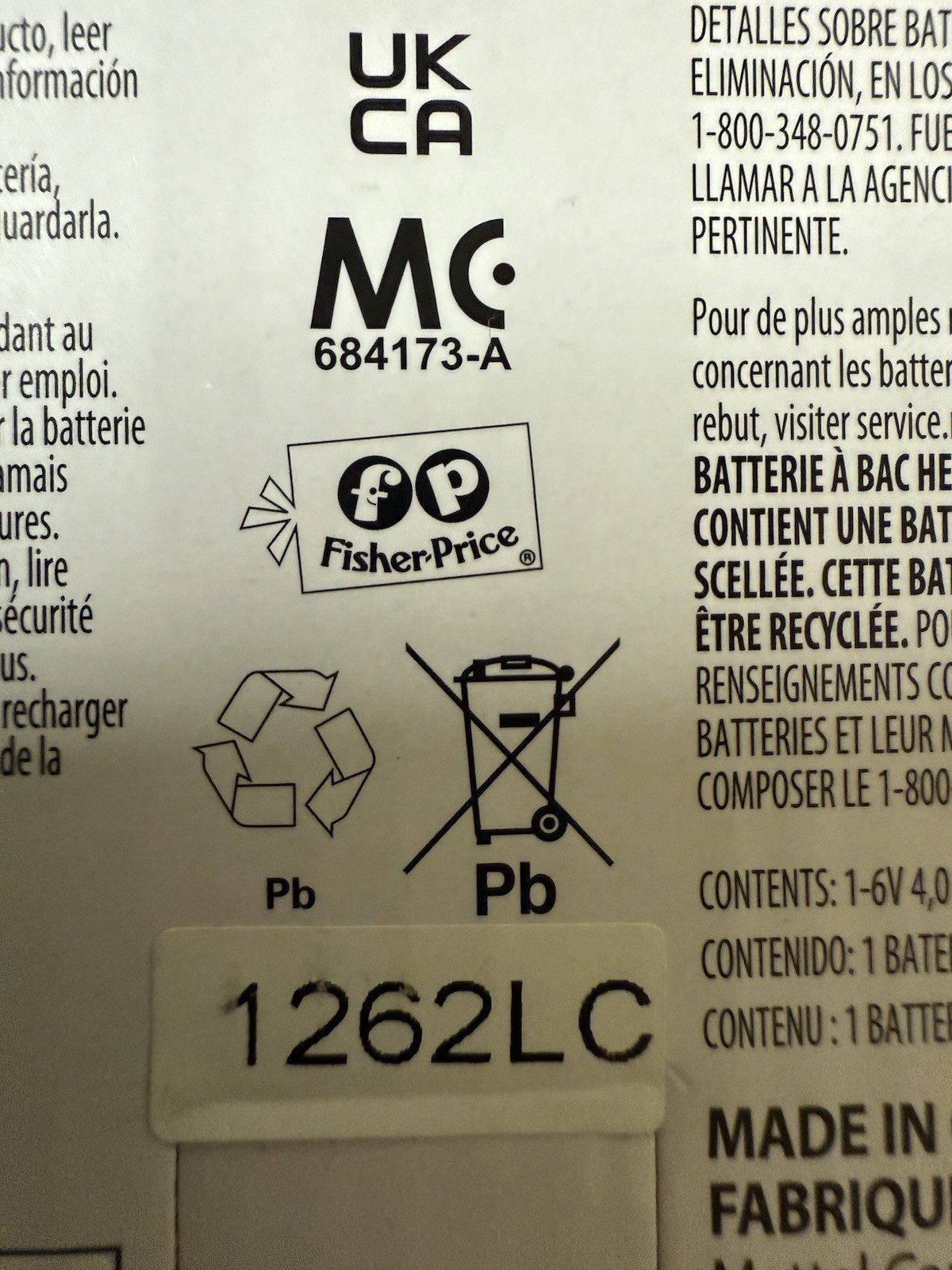 Power Wheels Fisher Price P6828 Battery Replacement NEW