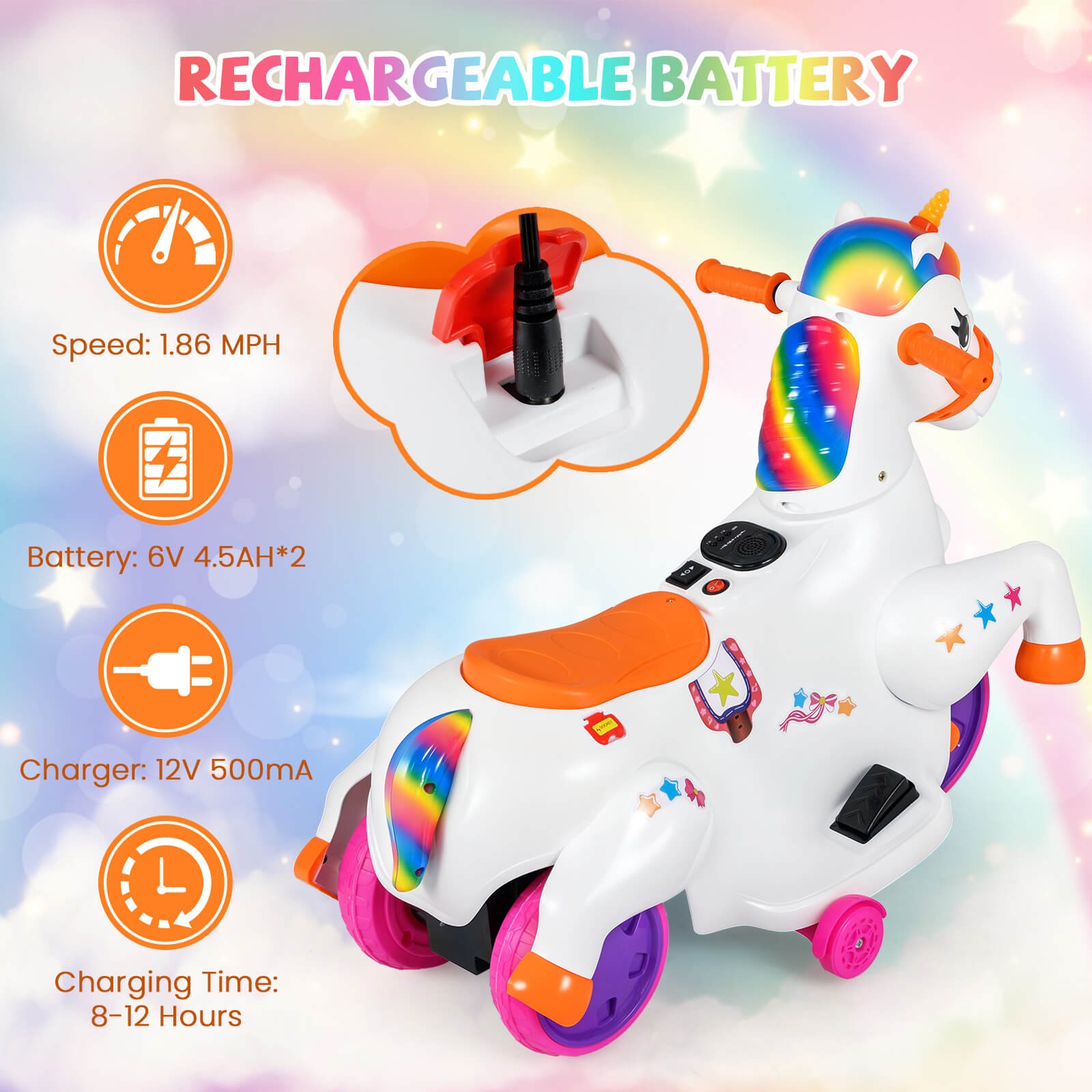 12V Kids Ride on Unicorn Toy w/ Training Wheels Music One-button Start Horse Toy