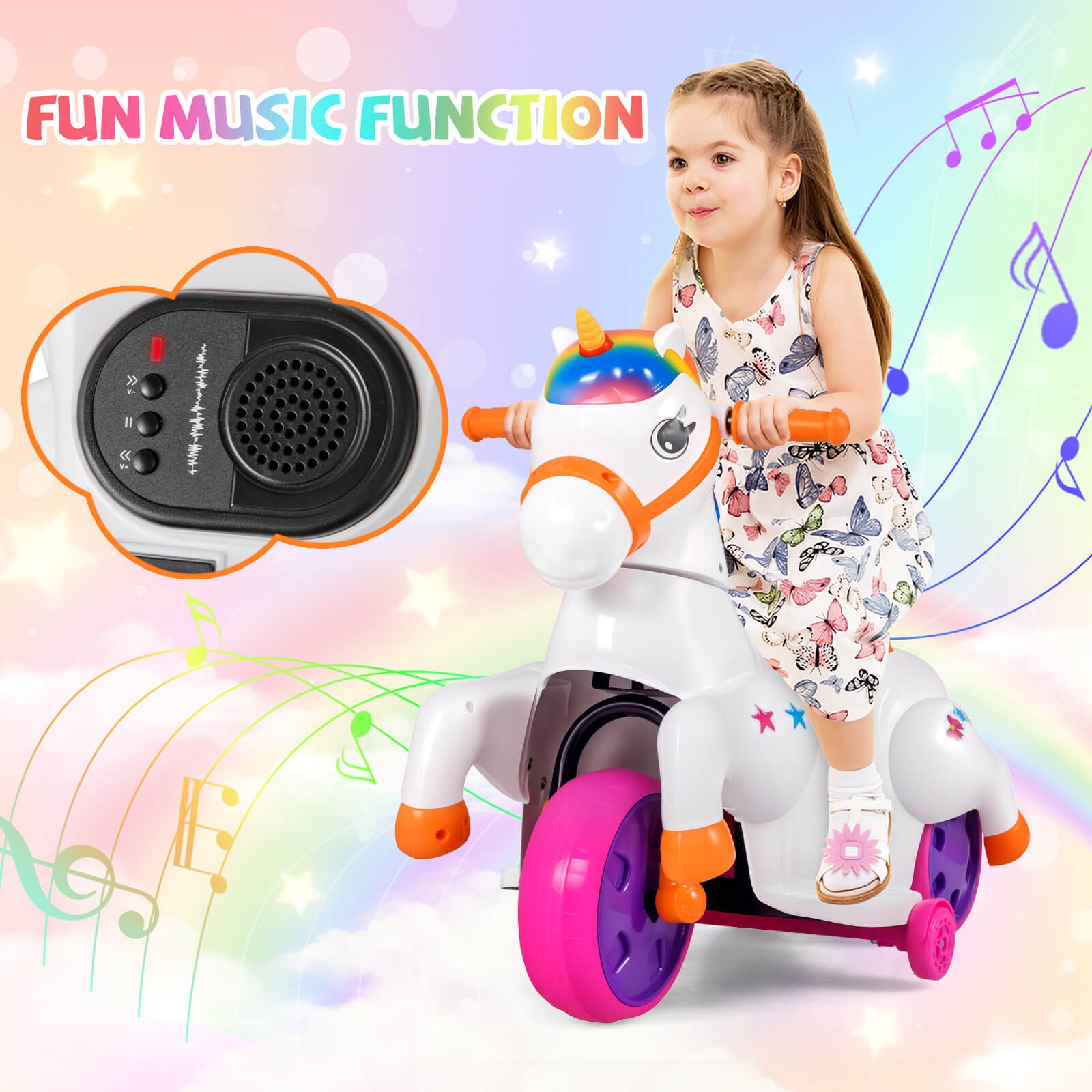 12V Kids Ride on Unicorn Toy w/ Training Wheels Music One-button Start Horse Toy