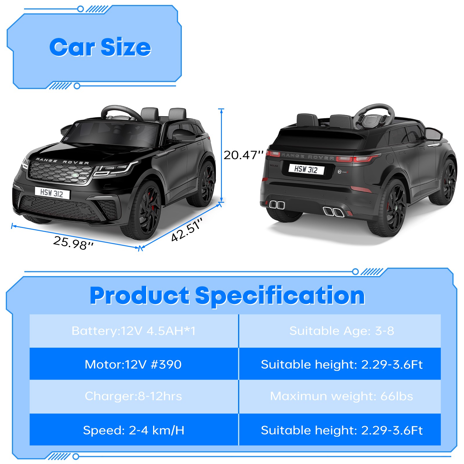 12V Land Rover Licensed Ride-On Car for Kids w/ Remote, LED Lights & Music,Black