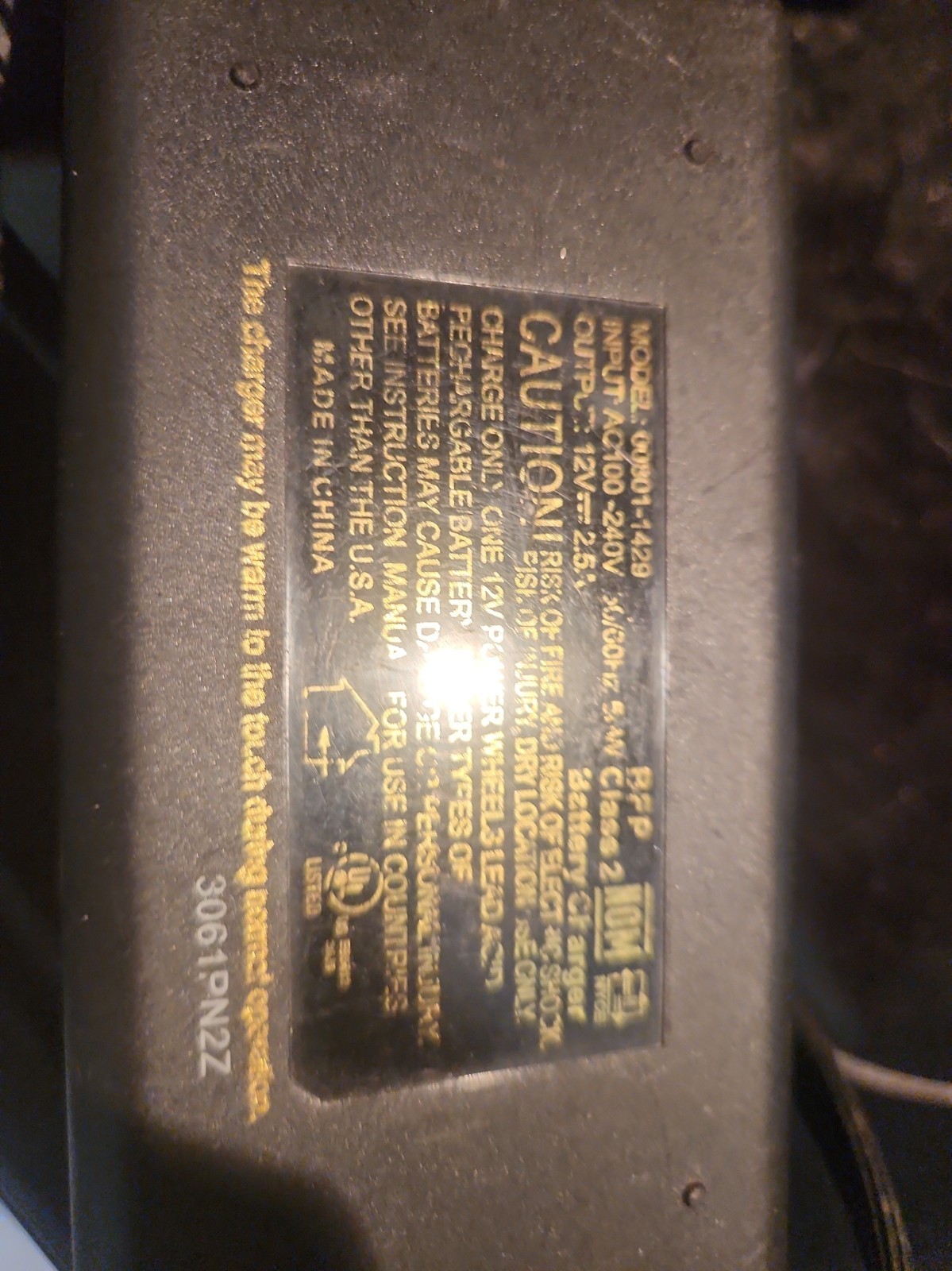 Power Wheels 12V Fisher Battery Charger – Powers On-Untested Midel 00801-1429