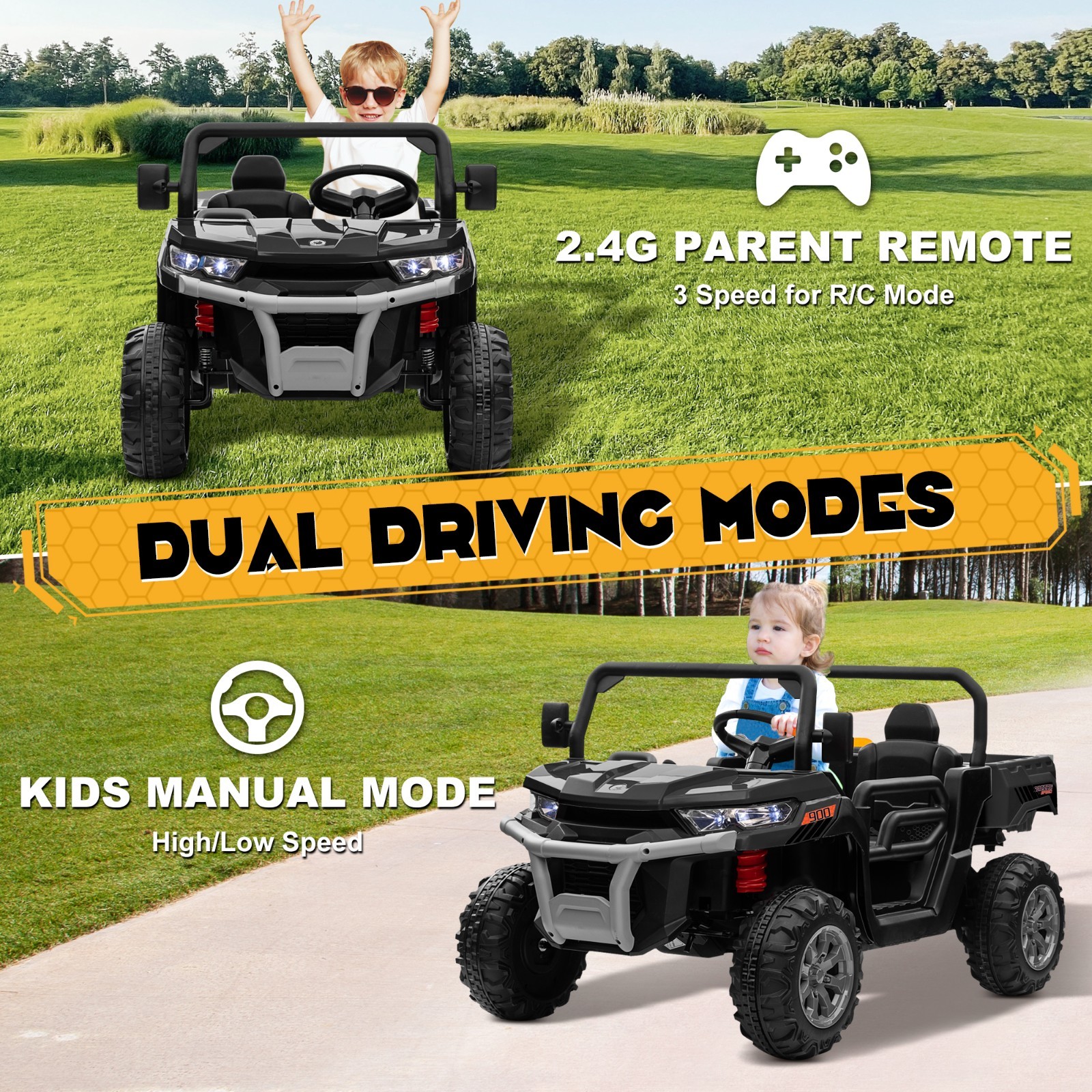 24V 4WD 2-Seat Kids Ride On Dump Truck Remote Trailer Shovel Bluetooth MP3 Black