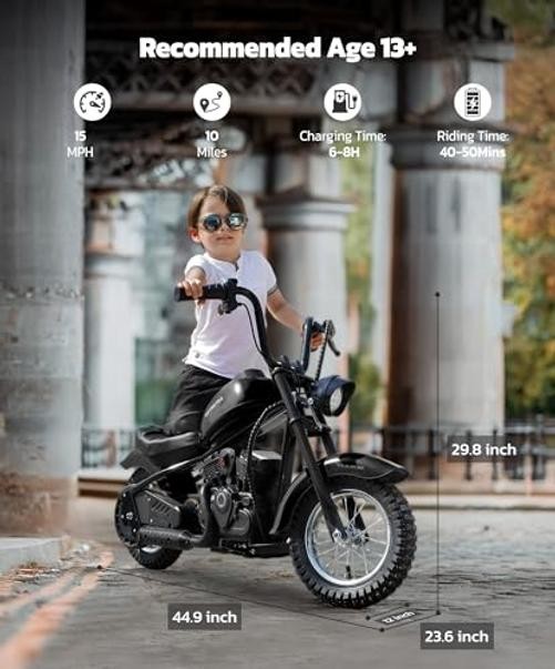 Electric Dirt Bike, 15 mph & 150lb Max, 24V Ride on Toy for Big Kids Black