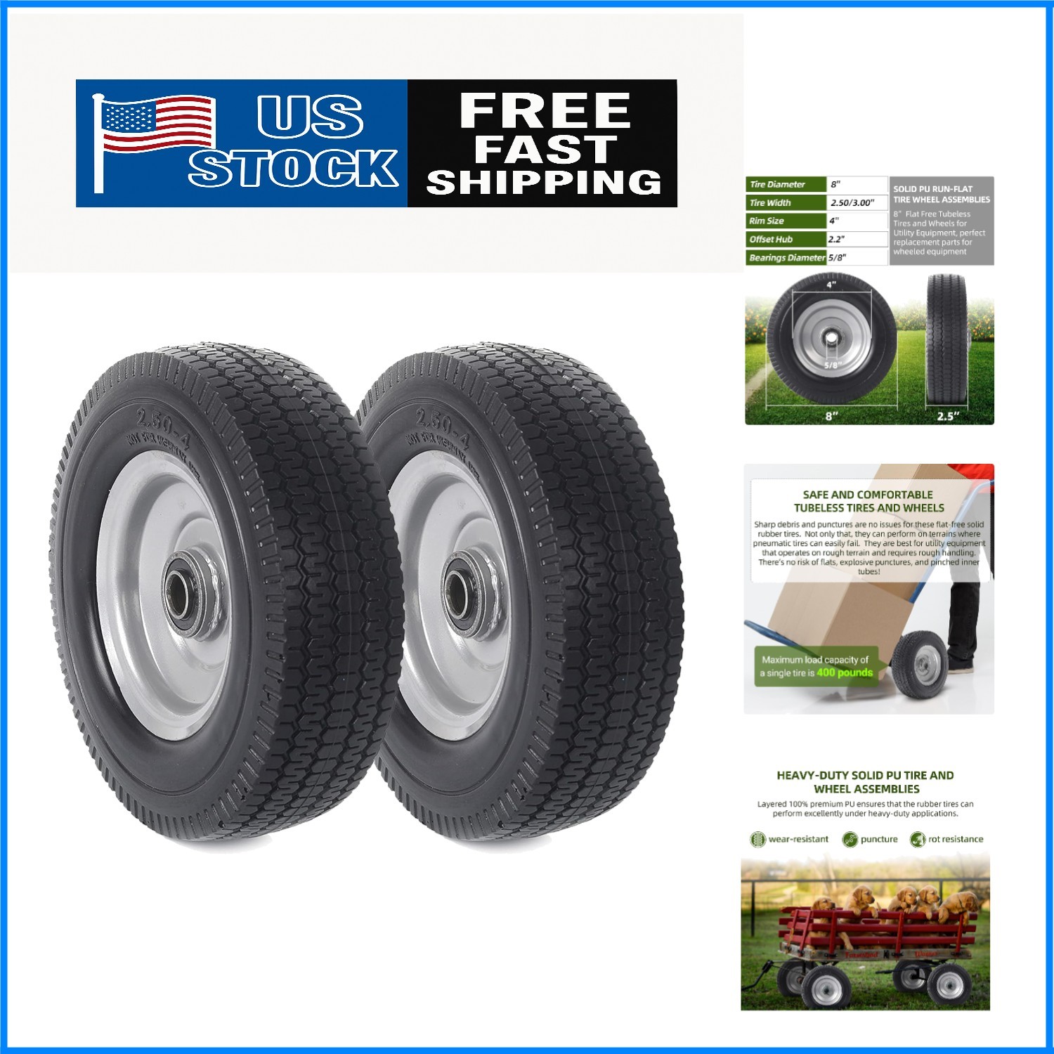 2-Pack 8-Inch Solid Wheel Replacement with Flat-Free PU Tires for Heavy-Duty Use