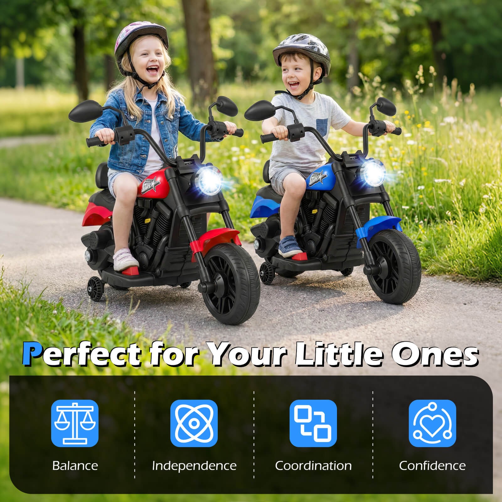 Kids Motorcycle w/Headlight, Music, Training Wheels, Foot Pedal for Boys Girls