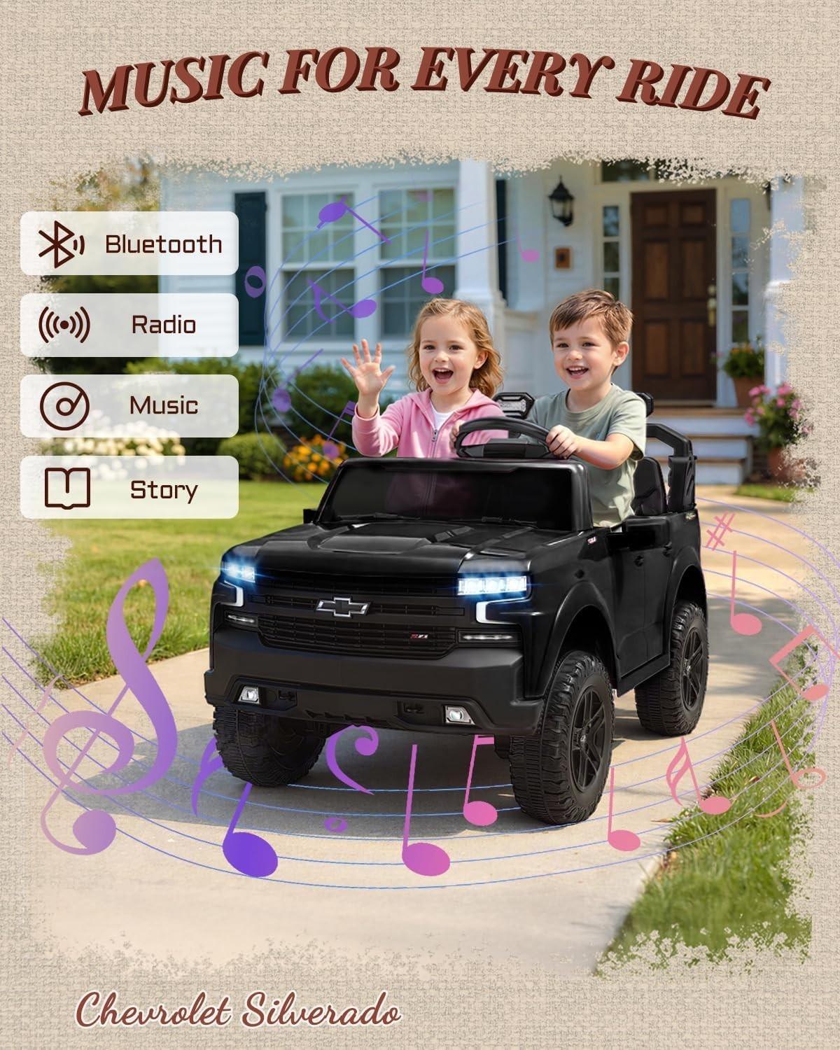 24V Chevrolet Silverado Ride On Truck 2 Seater Kids Electric Car Black