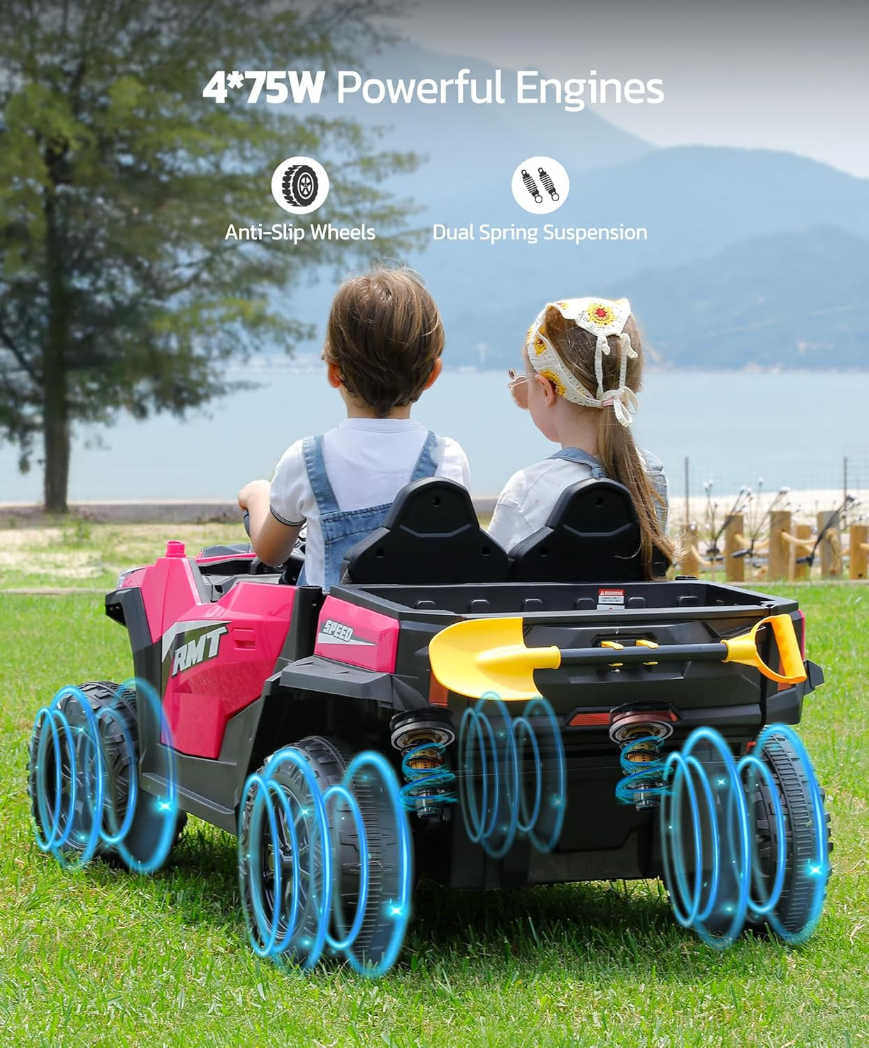24V Ride on Toy for Big Kid,Ride on Car 2 Seater W/Sun Shade,Dump Bed & Shovel,4