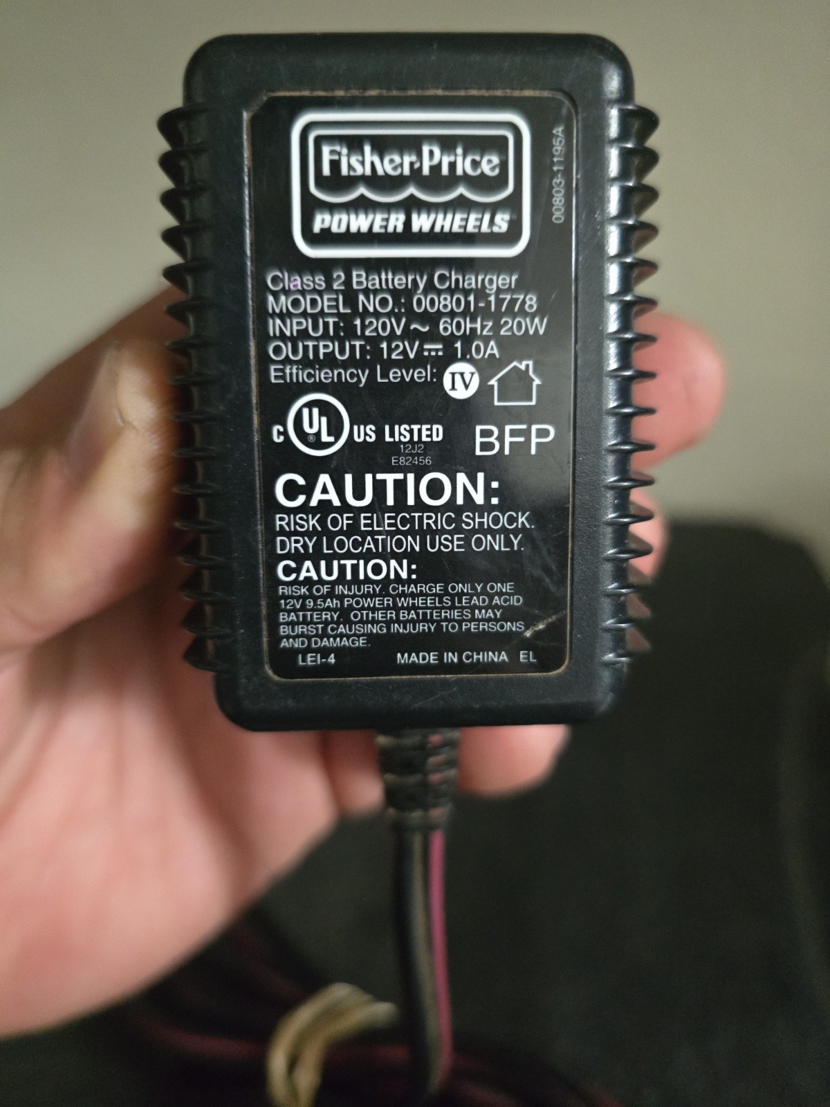 Fisher Price Power Wheels 12 Volt 12V Battery Charger 00801-1778 OEM
