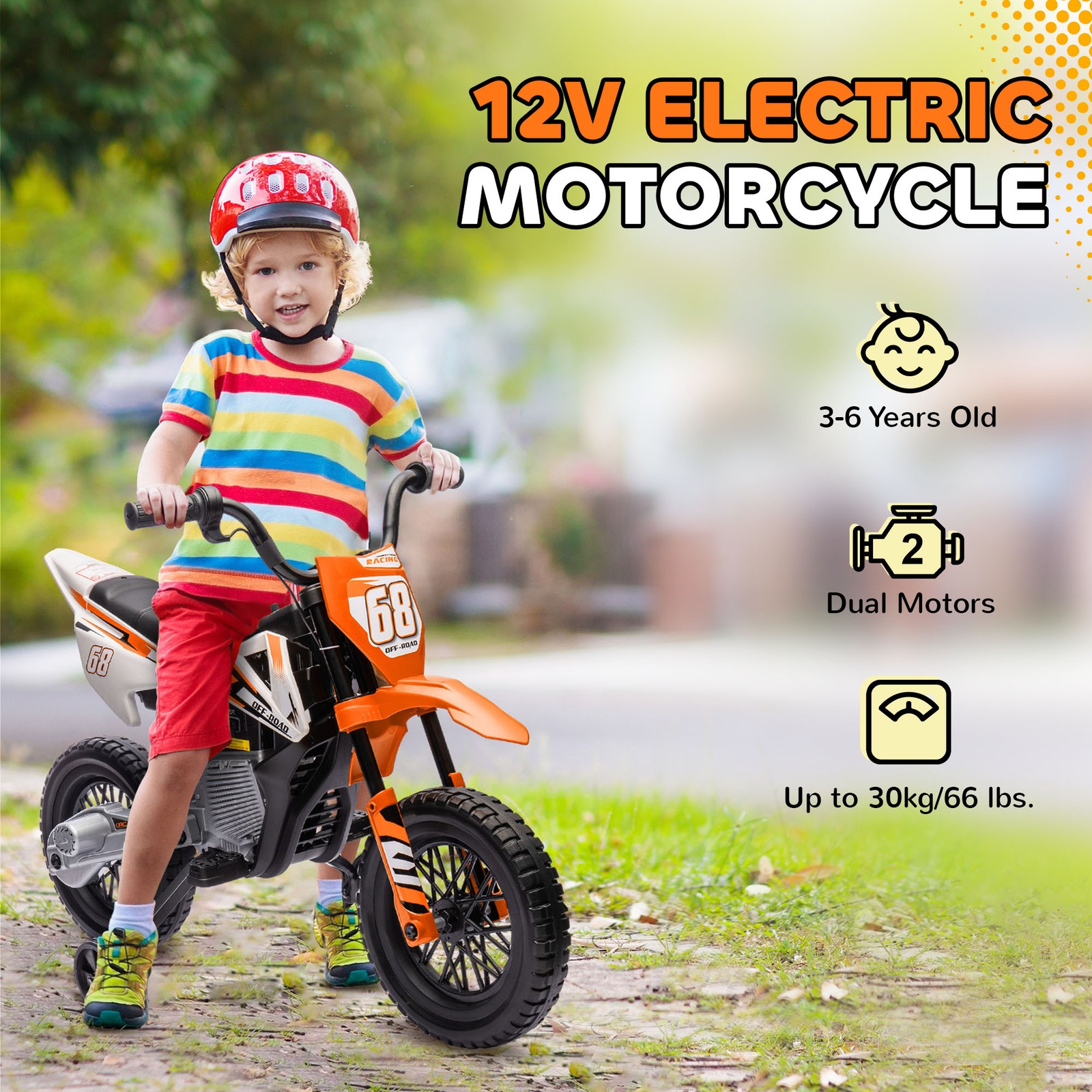 12V Kids Motorcycle W/ Twist Grip Throttle, Rear Suspension, Orange