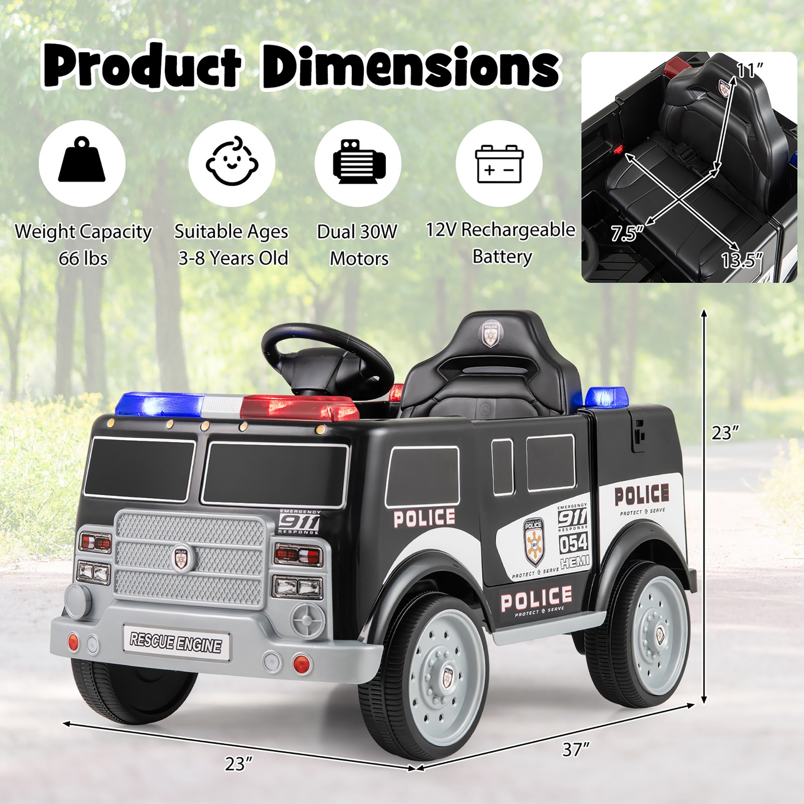 Kids Ride on Police Car w/ 3 Speeds Megaphone Music FM Radio Flashing Lights