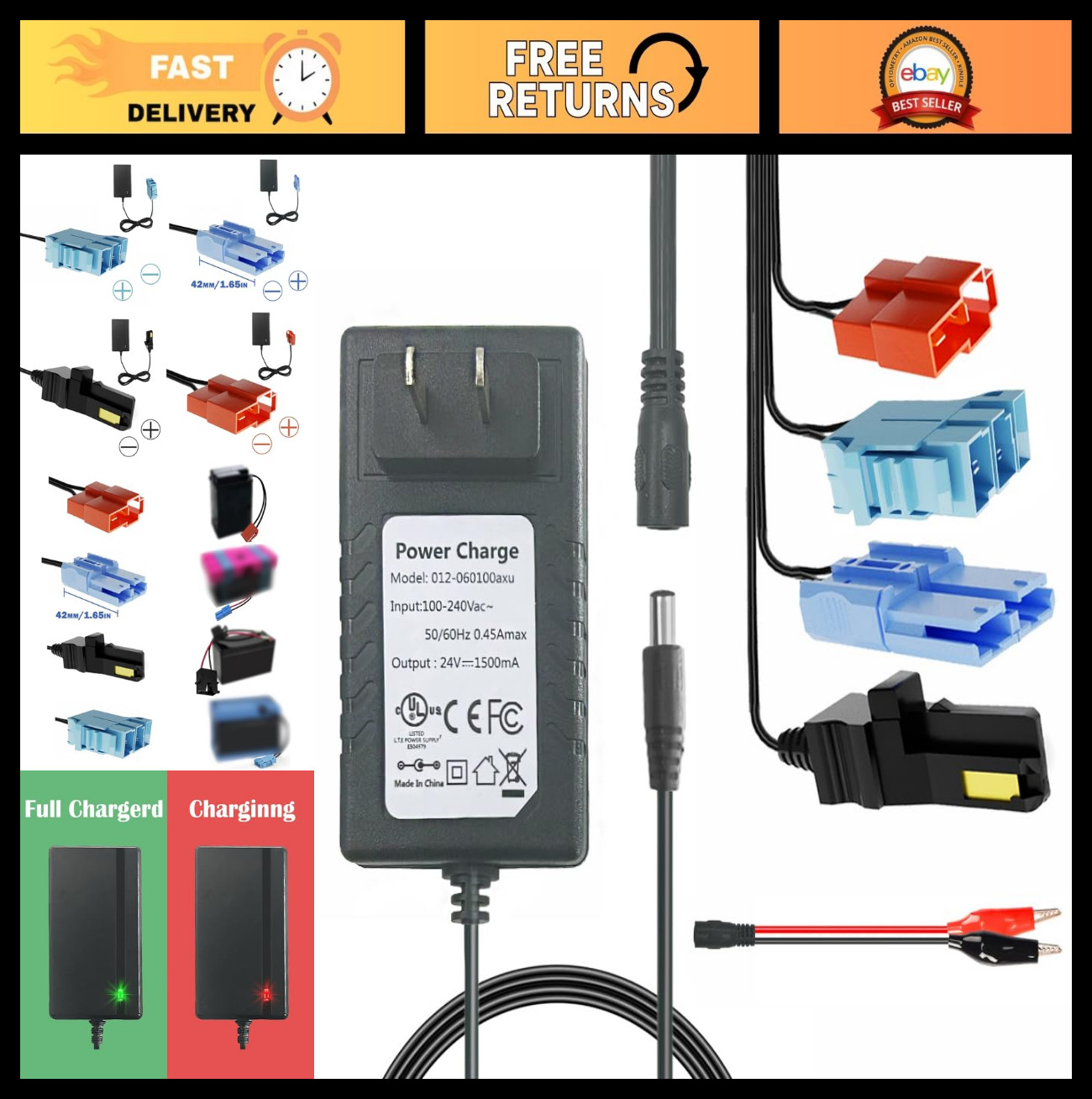 Universal 12V & 24V Charger for Kids’ Ride-On Cars, Power Wheels, LED Lights, El
