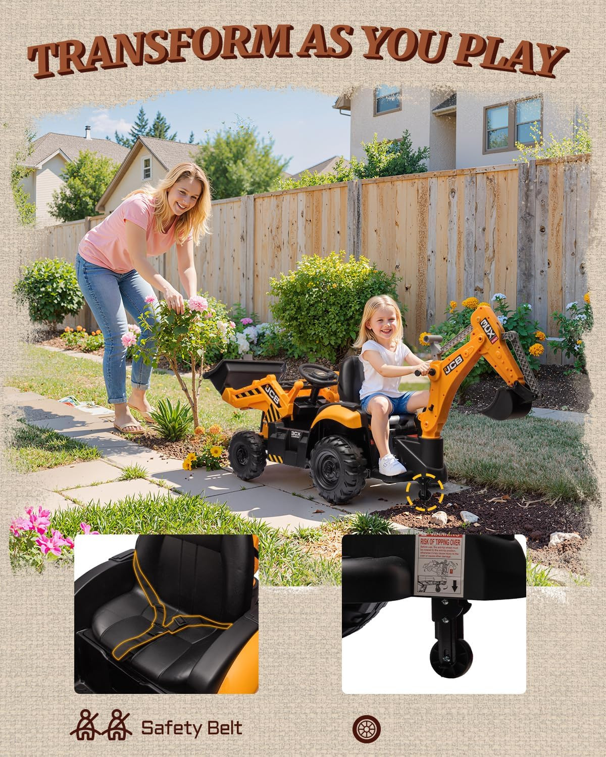 JCB 3CX Licensed 24V Excavator Ride on Toys for Kids, Backhoe Digger Toy with Re