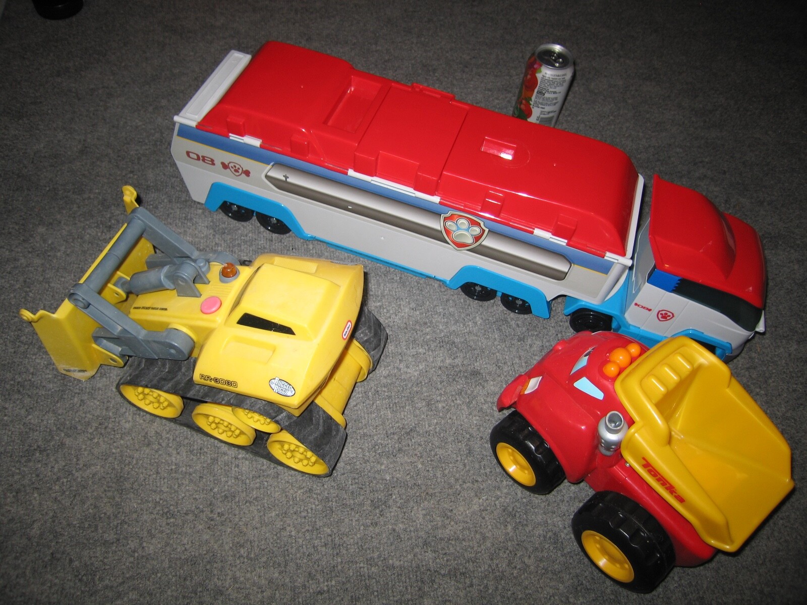 Paw Patrol W/ damage windshield plus 2 more. Tonka. Lot of three toy trucks.