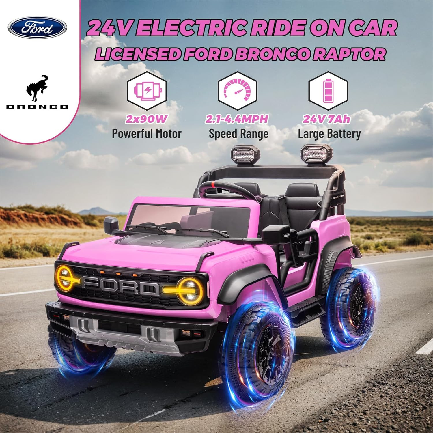 ENYOPRO 24V Ride on Toys for Big Kids, Licensed Ford Bronco Raptor 2 Seater Kids