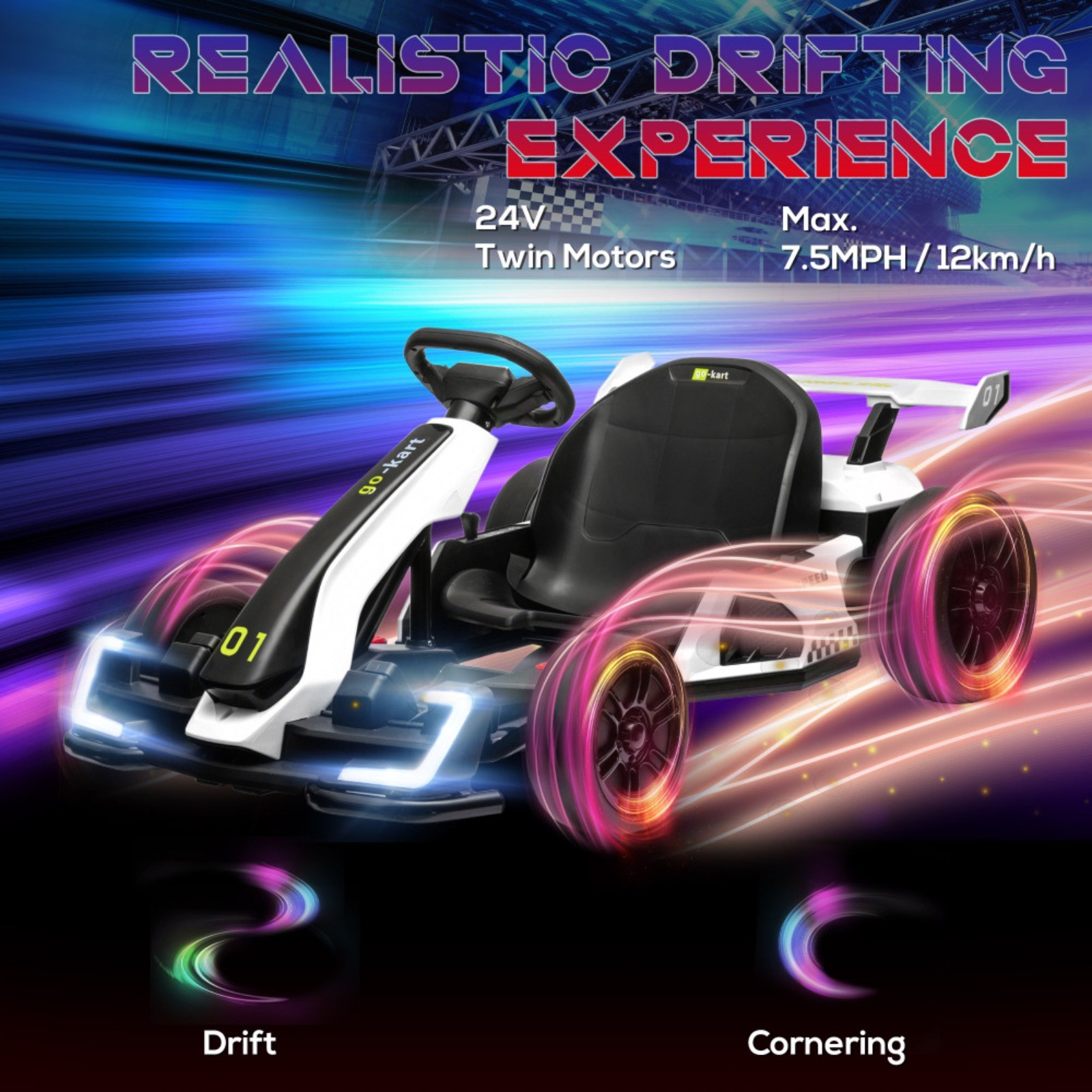 Aosom 24V 7.5 MPH Electric Go Kart Adjustable Seat Drifting for 6-12 White