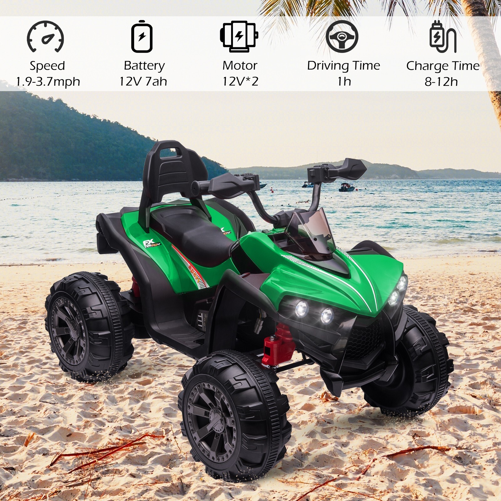ZEOPHOL 12V Kids Ride-On Electric ATV Off-Road Quad Car Toy 2 Speeds LED Green