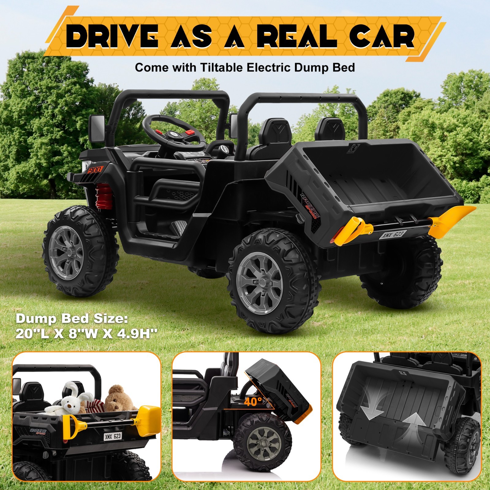 24V 4WD 2-Seat Kids Ride On Dump Truck Remote Trailer Shovel Bluetooth MP3 Black