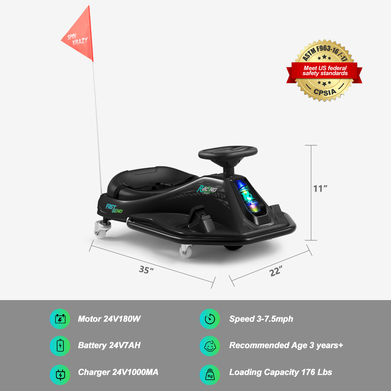 Electric 24V7AH Powered Kids Ride On Cart Drifting Go Kart 360° Variable Speed