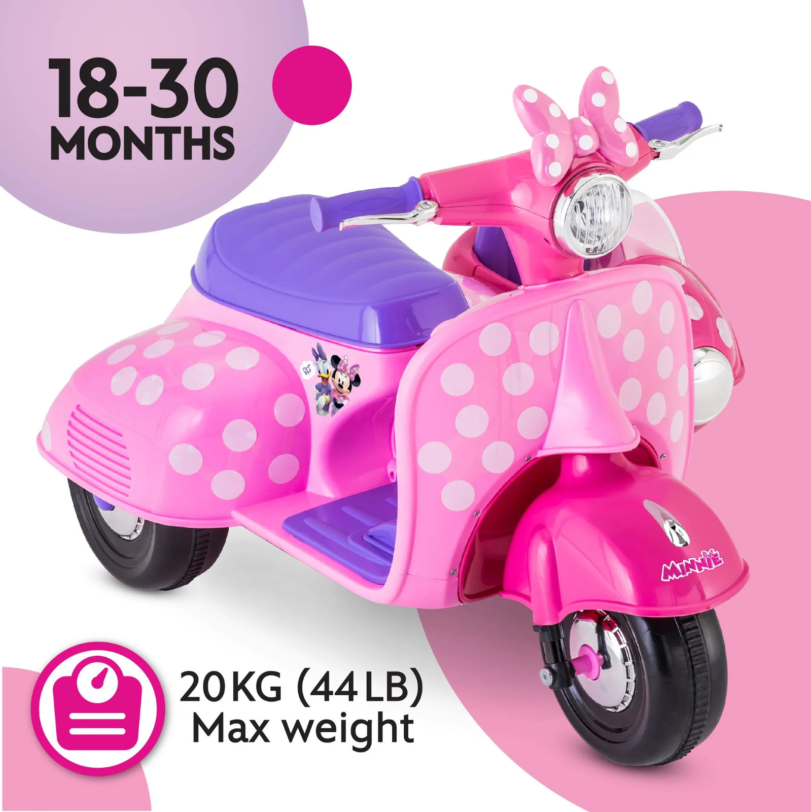 6V Battery + Pedal Minnie Mouse Scooter with Sidecar Ride-On Ages 8 – 30 months