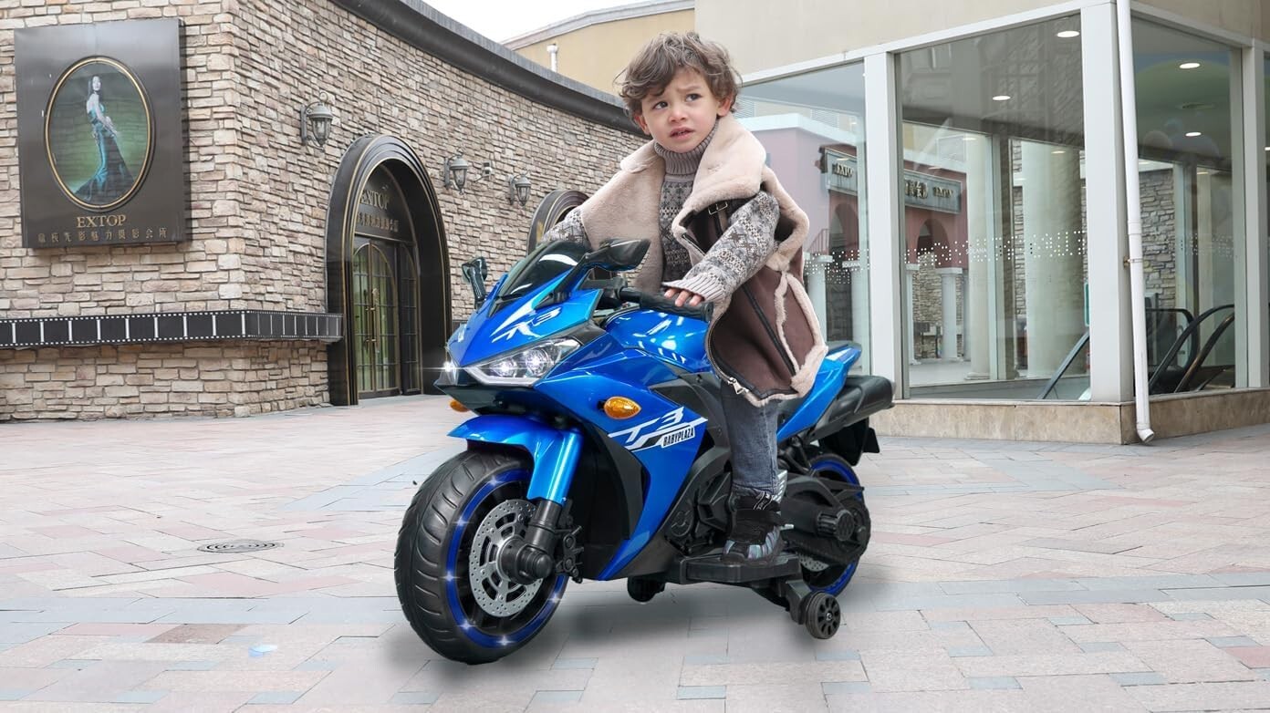 Kids Electric Motorcycle with Trainning Wheels for 3-8 Years Boys Girls,Blue