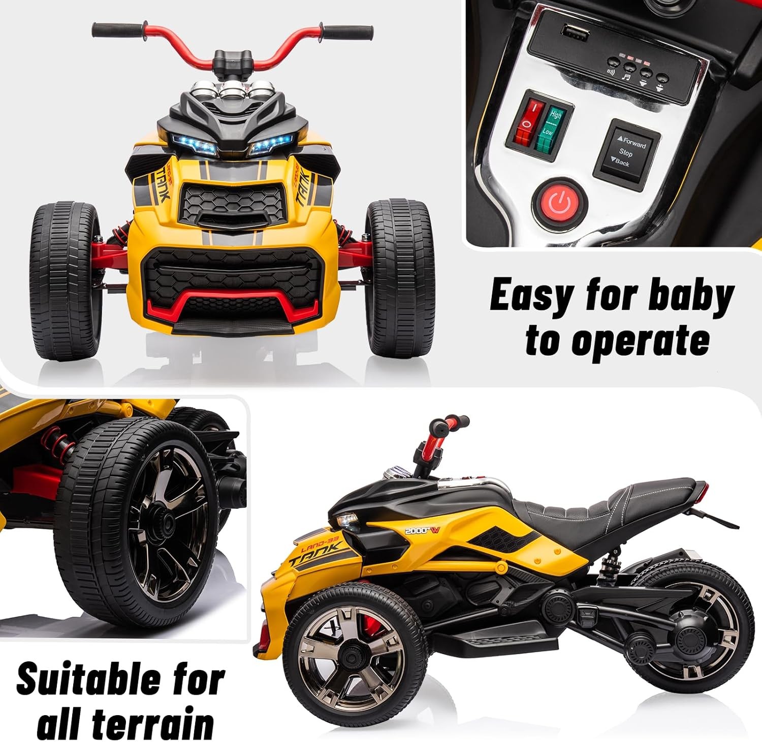 12V Electric 3-Wheel Kids ATV,Battery Ride-On Truck with Lights, USB, 7MPH Speed