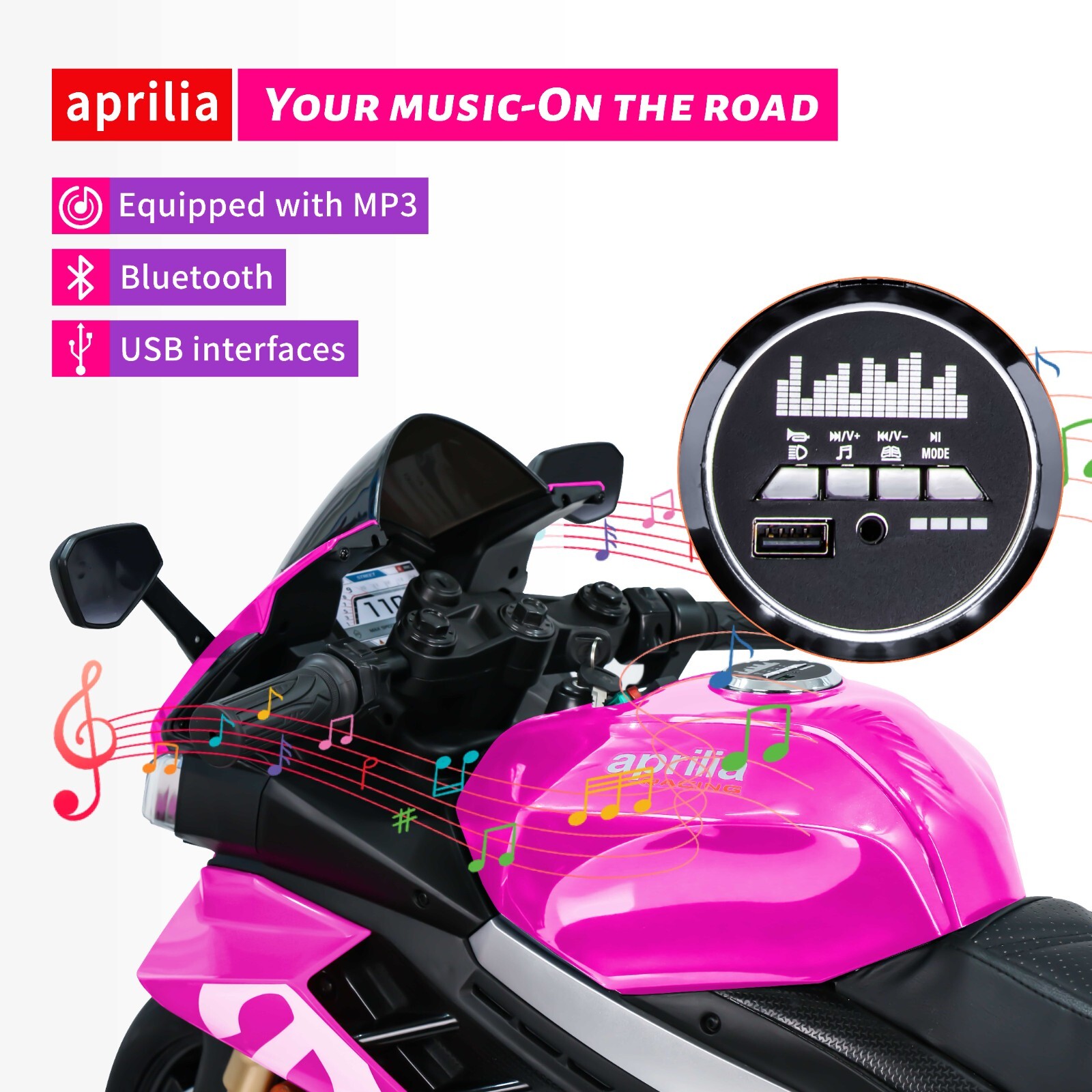 24V Kids Electric Motorcycle 12mph Dirt Bike 250W Waterproof Motor Bluetooth LED