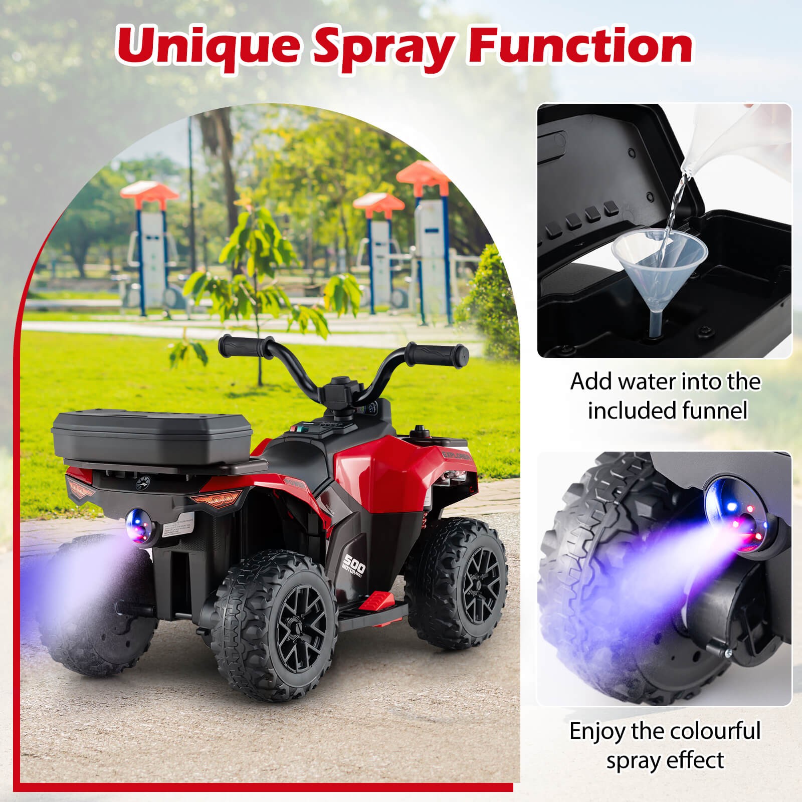 6V Kids Ride On ATV w/ Music & Spray Function USB Port Storage Box Toy Car