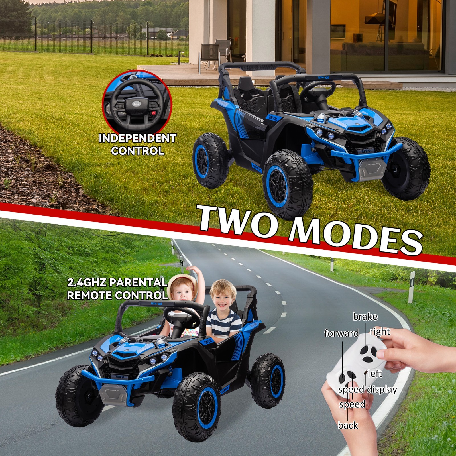24V Ride on Electric Car for Big Kids 2 Seater UTV Off-Road Toys w/Remote, Blue