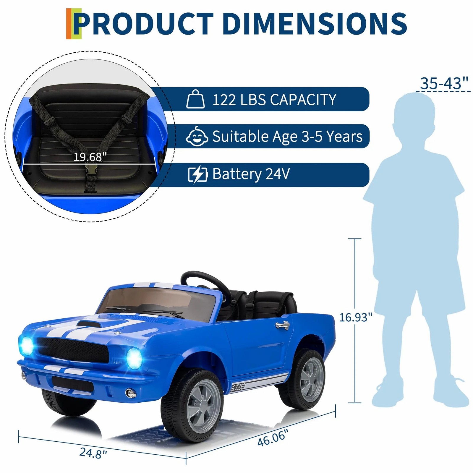 P Series 24V Licensed Shelby GT350 Ride On 2-Seater Remote 2-Speed Safety Belt.