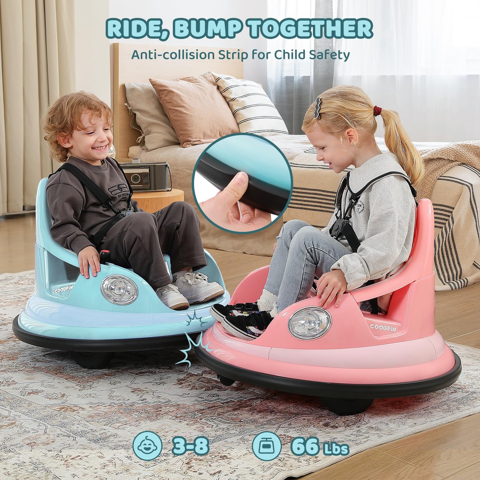 Light Blue Elemara Kids Bumper Car With Music Led Lights Remote Control 66 Lbs
