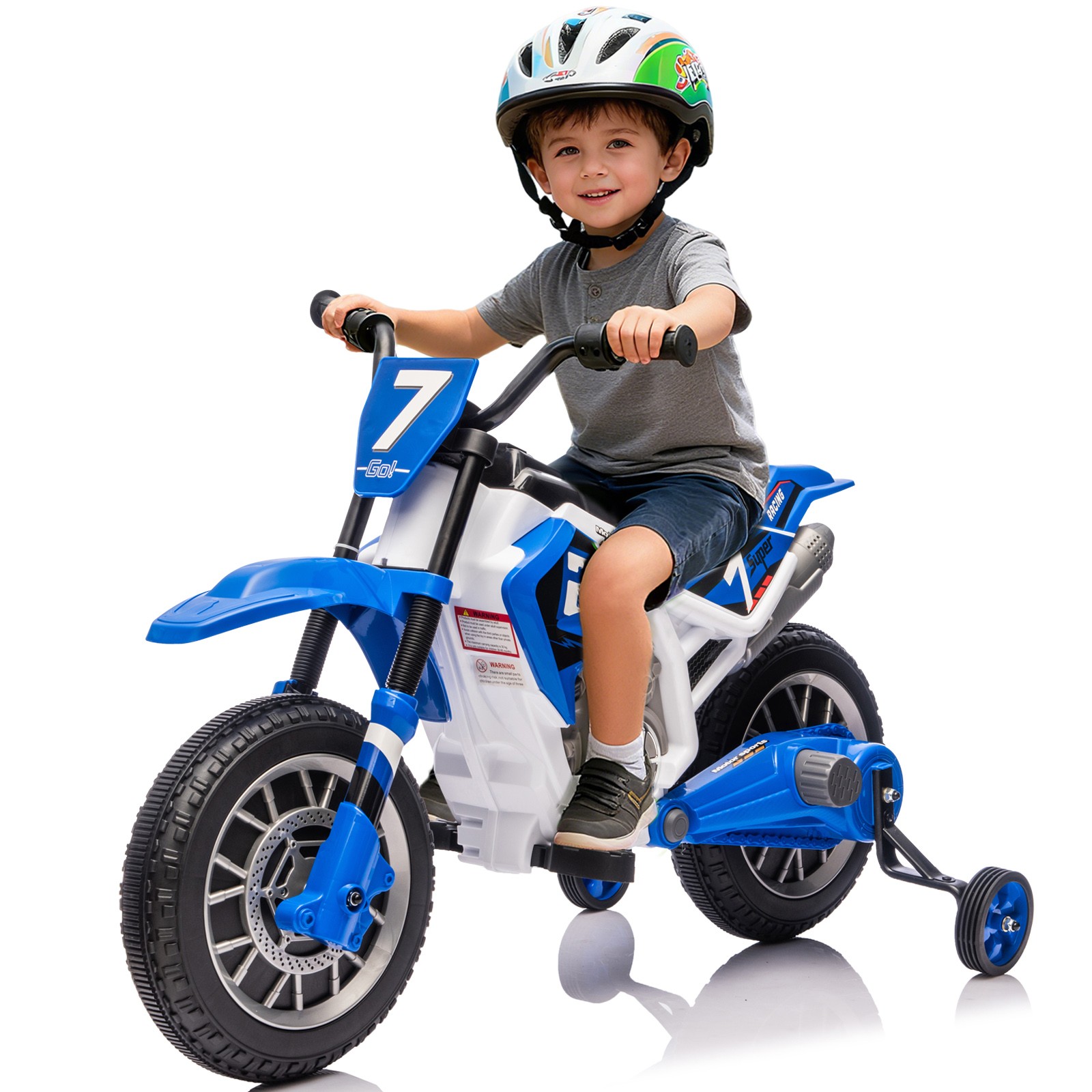 New 12V Kids Blue Ride On Motorcycle Dirt Bike Motorbike w/Music,Training Wheels