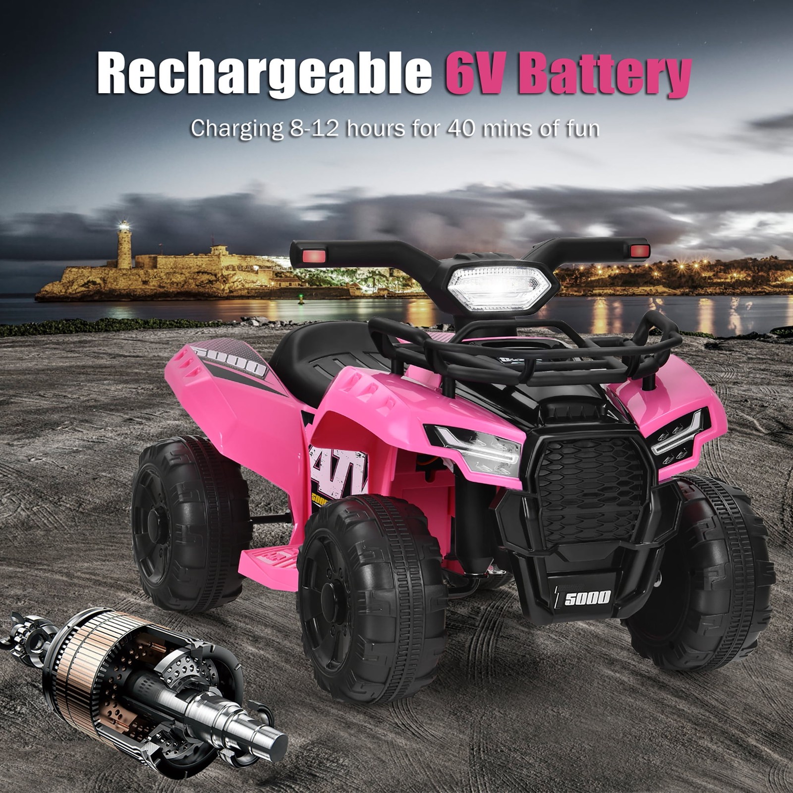 6V Kids ATV Quad Electric Ride on Car Toy Toddler with LED Light MP3 Pink
