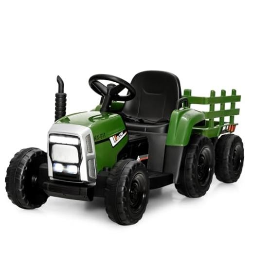 Ride on Tractor with Detachable Trailer, Kids’ Electric Dark Green 12V