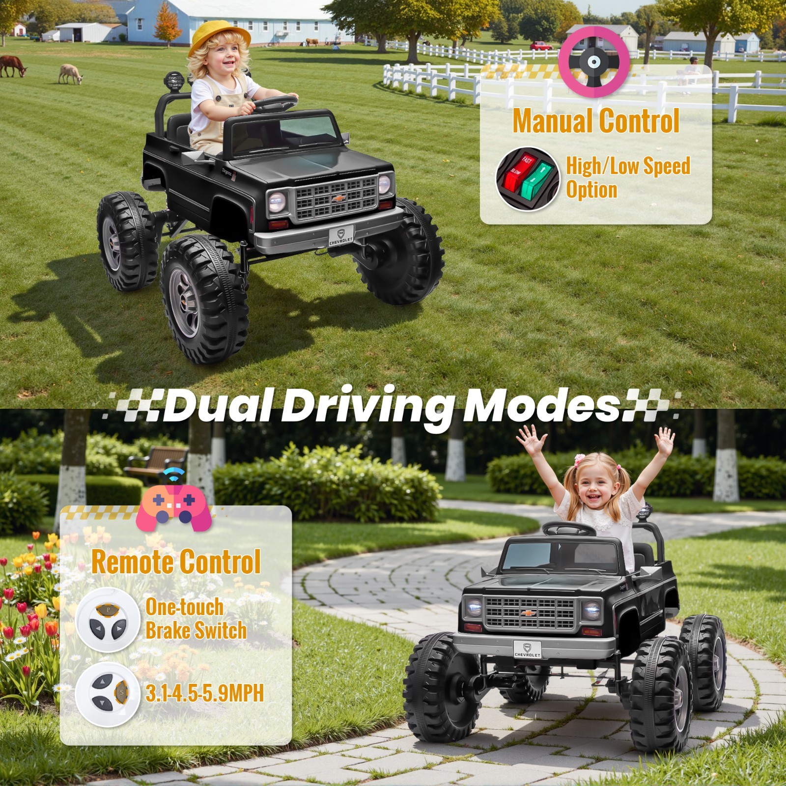 Kids Electric Ride On Truck Chevrolet Cheyenne 24V Remote Bluetooth LED Black