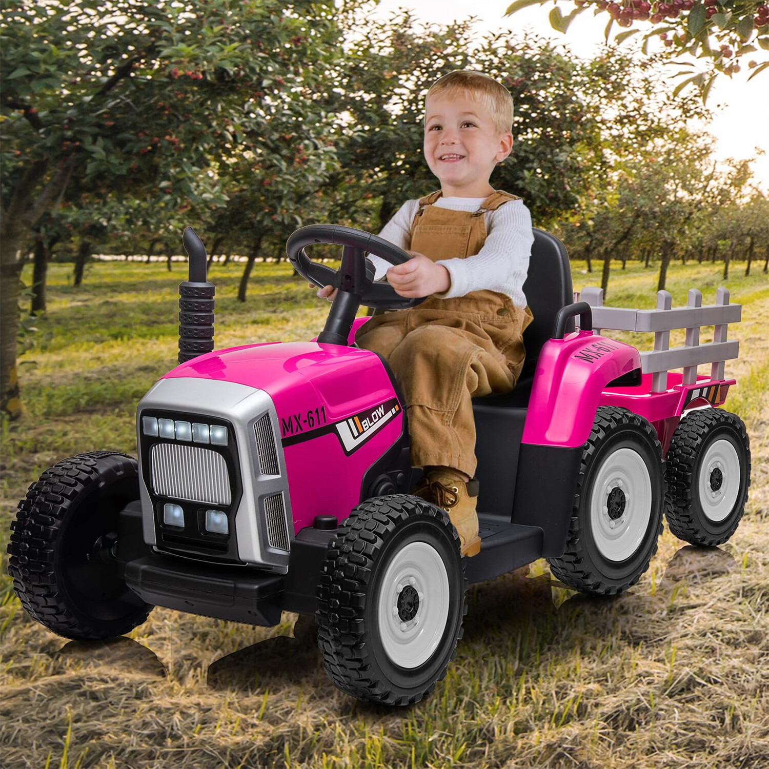 🍒Kids Ride On Tractor 12V Battery Powered Electric Tractor with Trailer Music 3