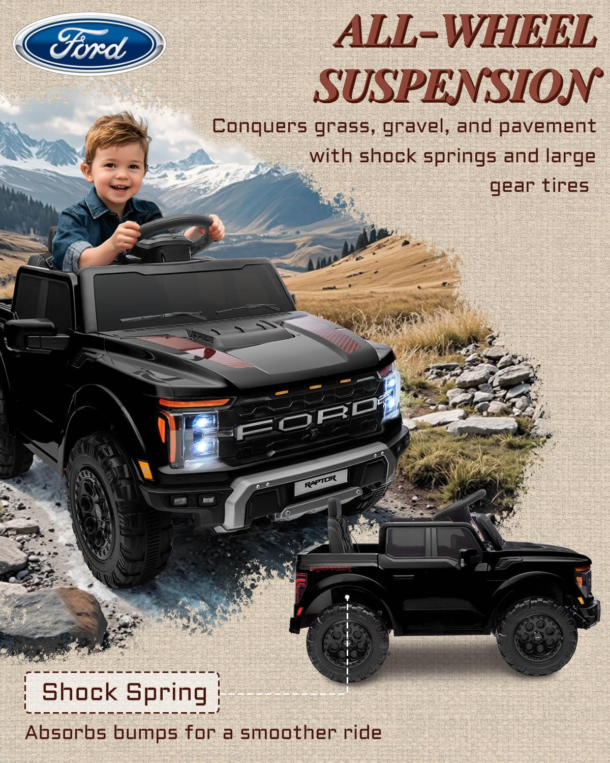 12V Licensed Ford F-150 Raptor Kids Ride on Toy, Ride on Truck with Parent Remot