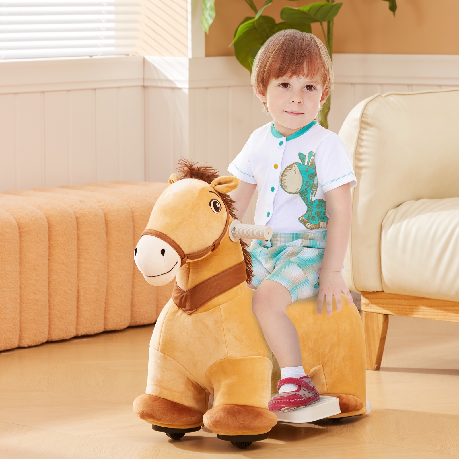 6V Electric Ride on Horse with Music Forward, PU Wheels, Brown