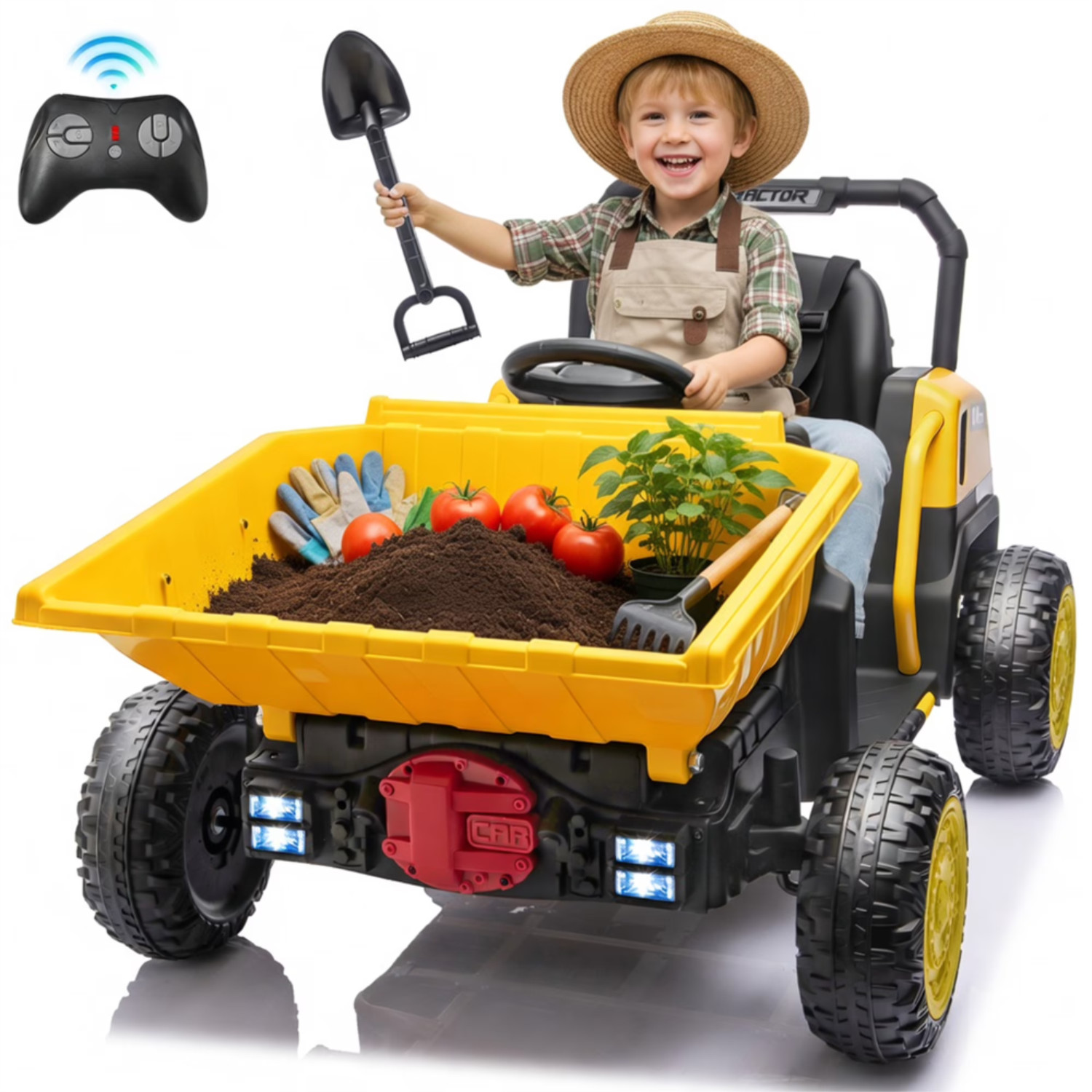 24V Kids Ride On Dump Truck, Remote Control, Metal Frame, Dump Bed & Shovel