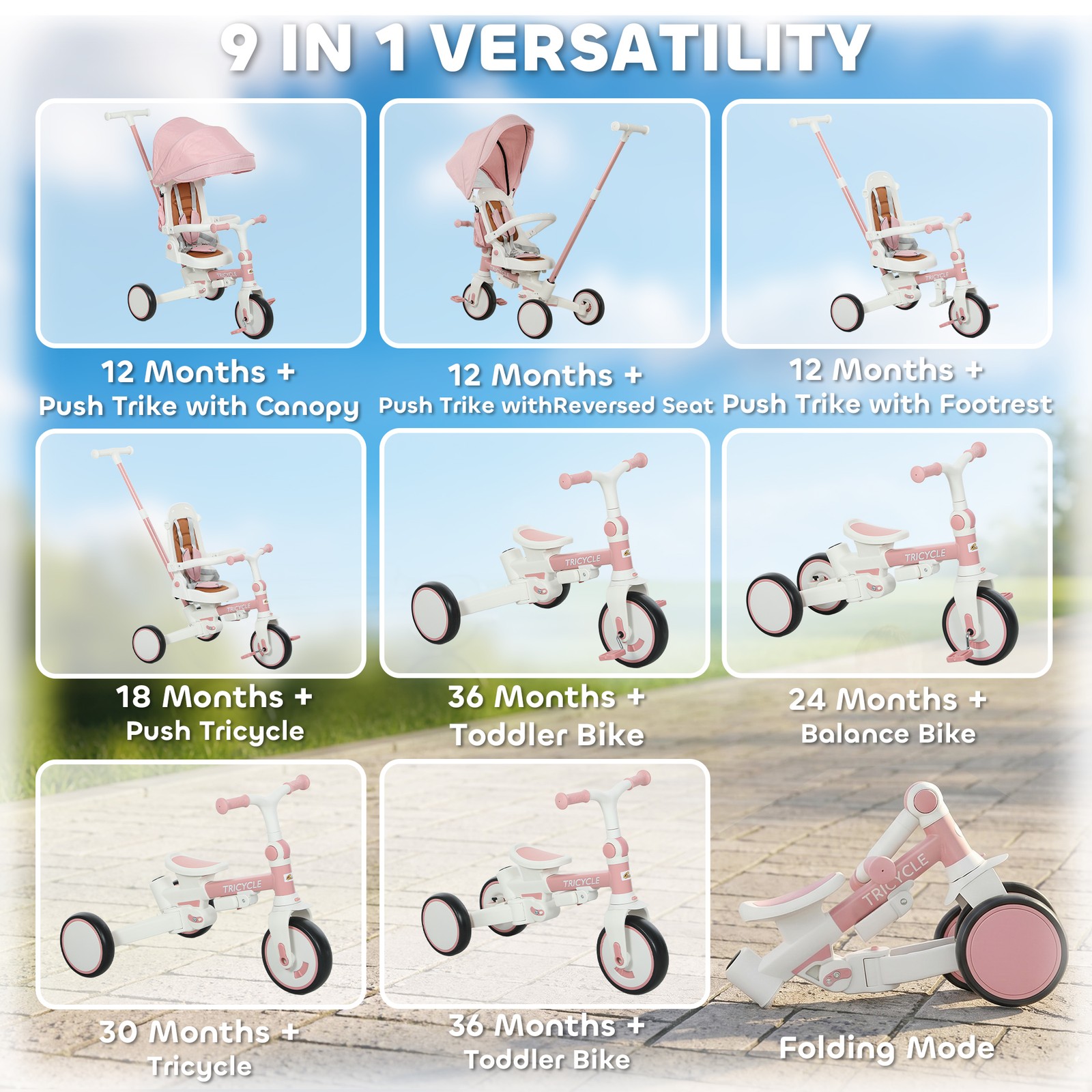 7 in 1 Tricycle Stroller, Kids Tricycle with Adjustable Push Handle, Pink