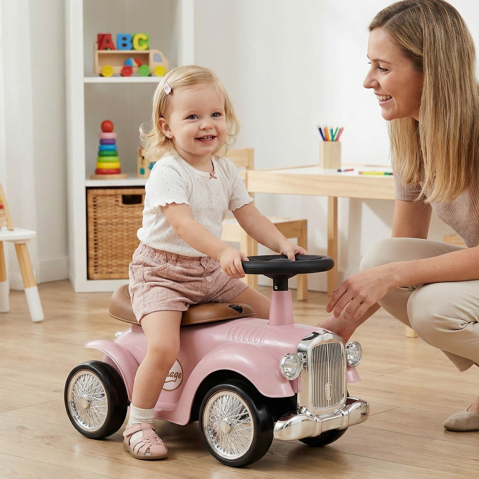 Retro Toddler Ride-on Toy 40° Limit Steering w/ Storage Space, DIY Stickers