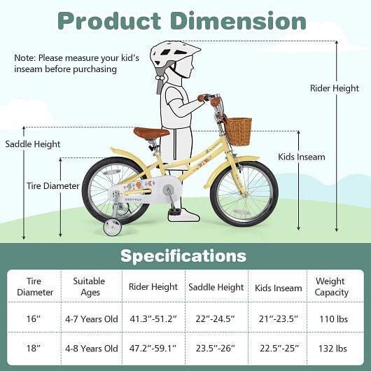 18 Inch Kids Bike Adjustable Bicycle with Reflectors and Bell for Children 4-8 Y