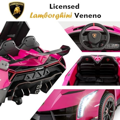 Kids Ride-On Car, 2 Seater, 12V 4WD, Licensed Lamborghini Veneno Electric Pink