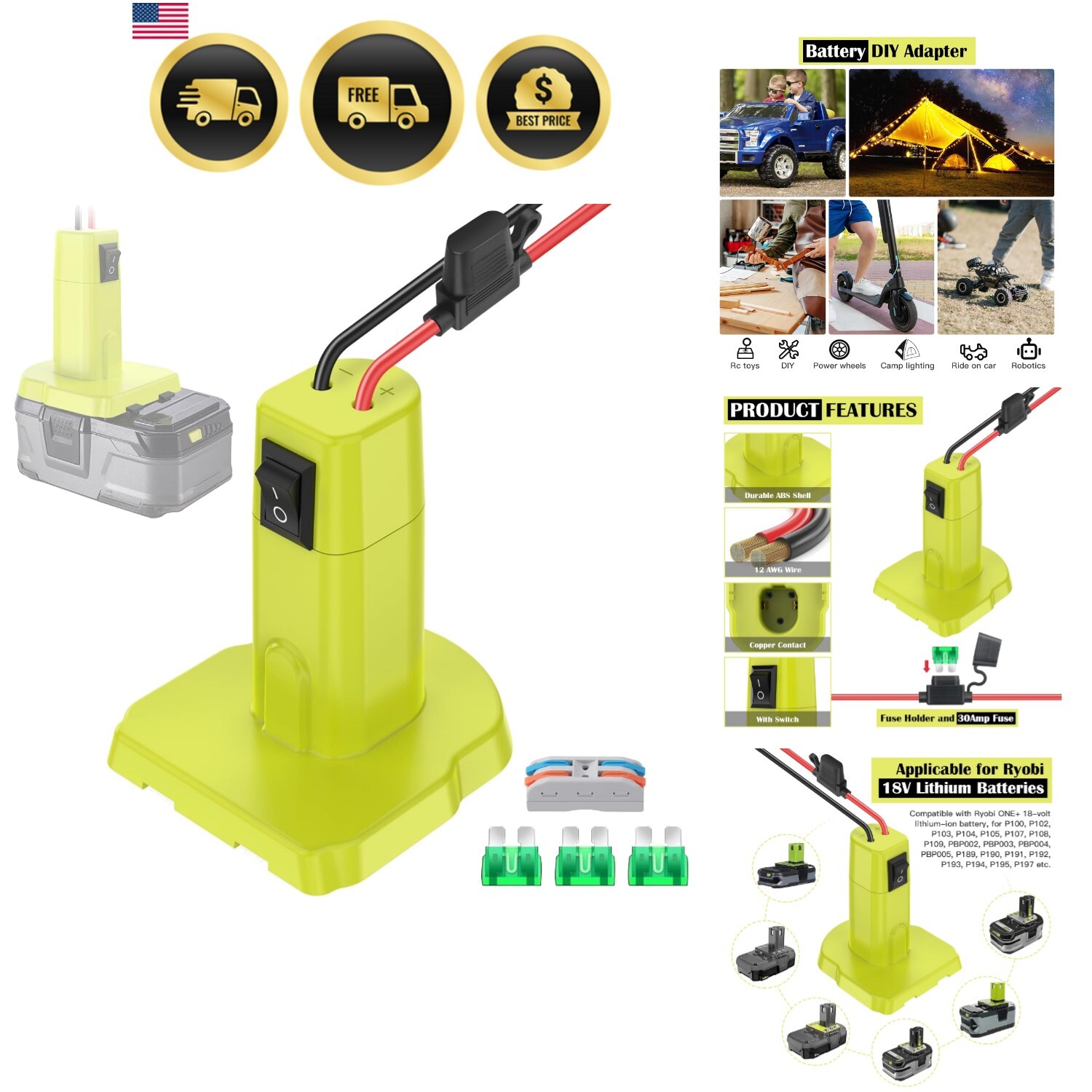 Power Wheels Adapter for Ryobi 18V Battery Conversion Kit High Power DIY Toy