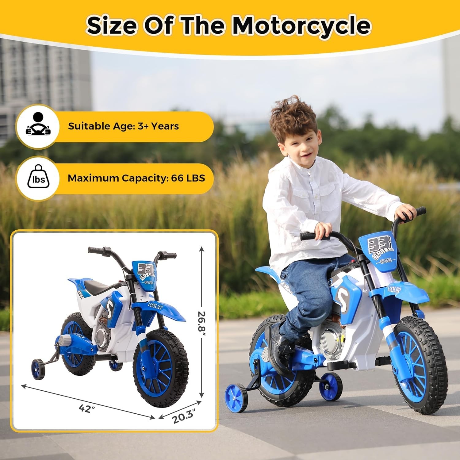 TOBB Electric 12V Blue Kids Ride On Motorcycle Bike Motorbike w/ Training Wheels