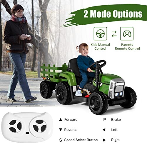Ride on Tractor with Detachable Trailer, Kids’ Electric Dark Green 12V